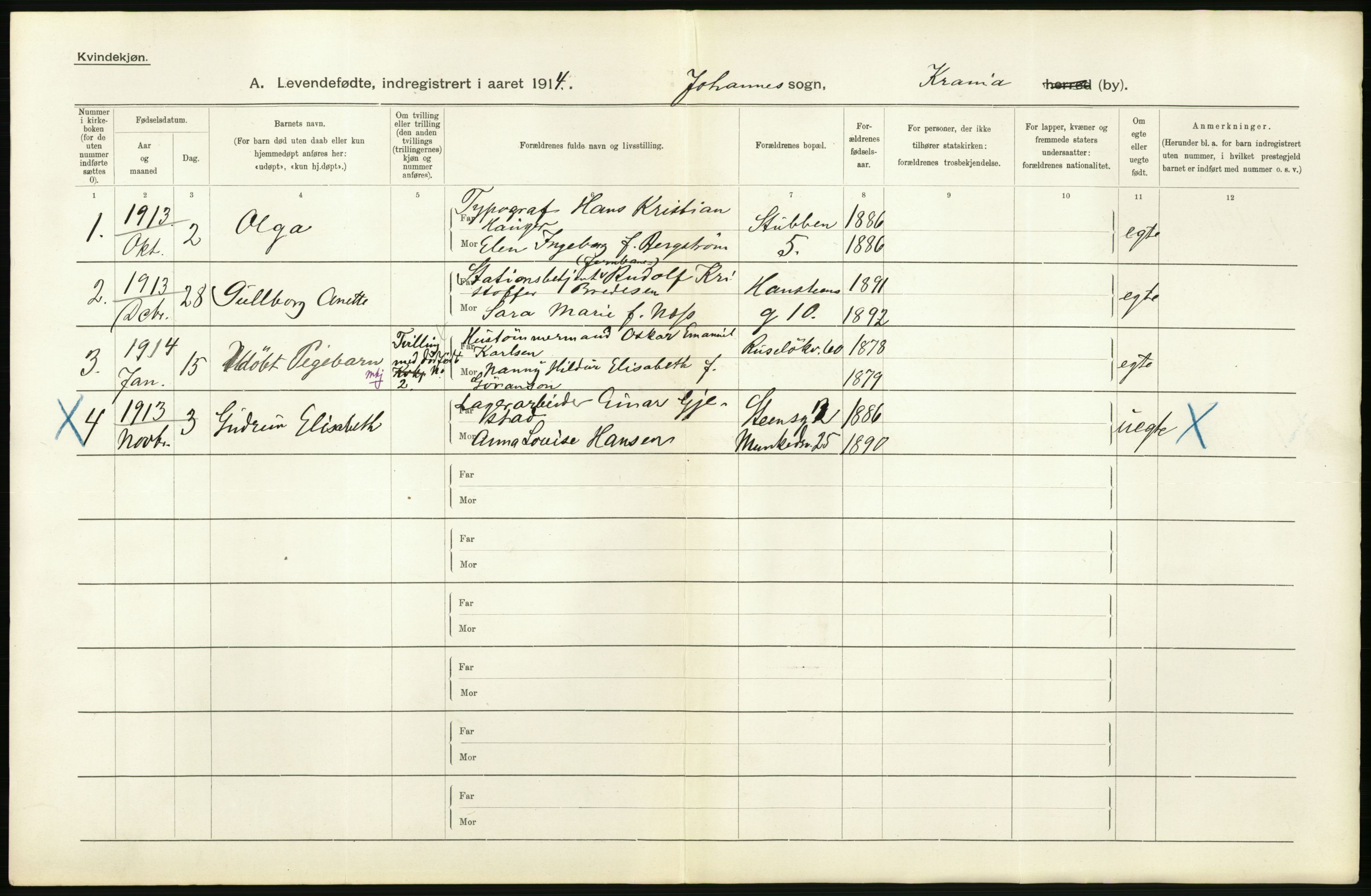 Statistisk sentralbyrå, Sosiodemografiske emner, Befolkning, RA/S-2228/D/Df/Dfb/Dfbd/L0006: Kristiania: Levendefødte menn og kvinner., 1914, p. 44