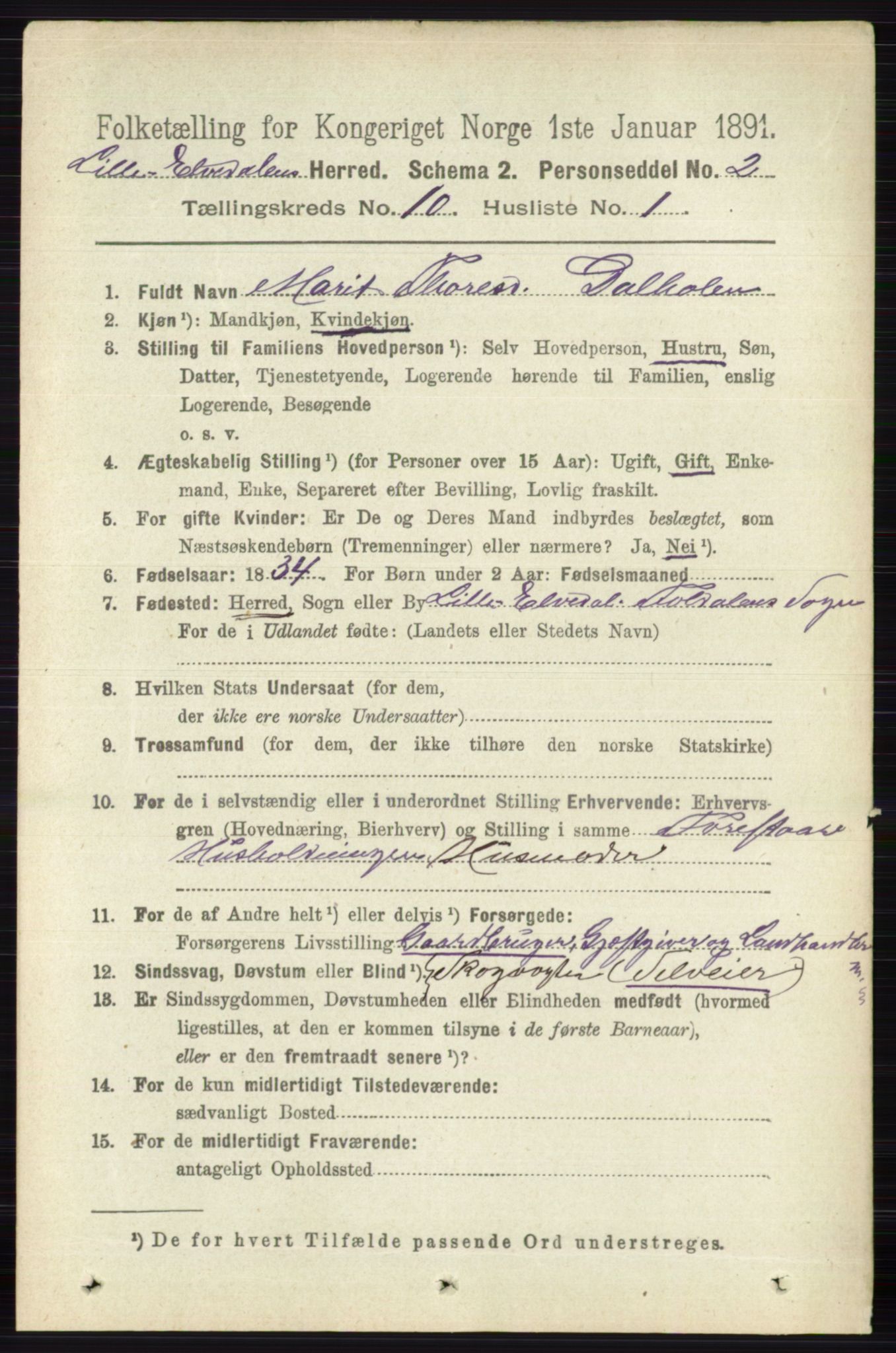 RA, 1891 census for 0438 Lille Elvedalen, 1891, p. 3422