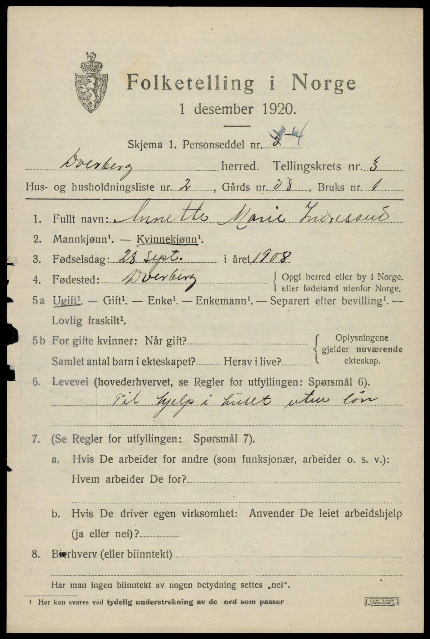 SAT, 1920 census for Dverberg, 1920, p. 3664