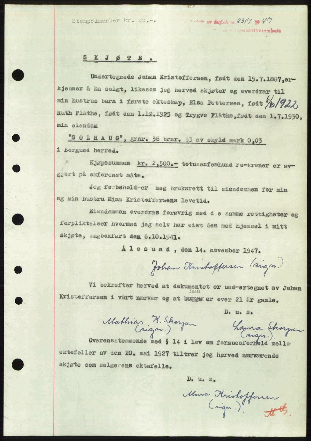 Nordre Sunnmøre sorenskriveri, AV/SAT-A-0006/1/2/2C/2Ca: Mortgage book no. A26, 1947-1948, Diary no: : 2317/1947