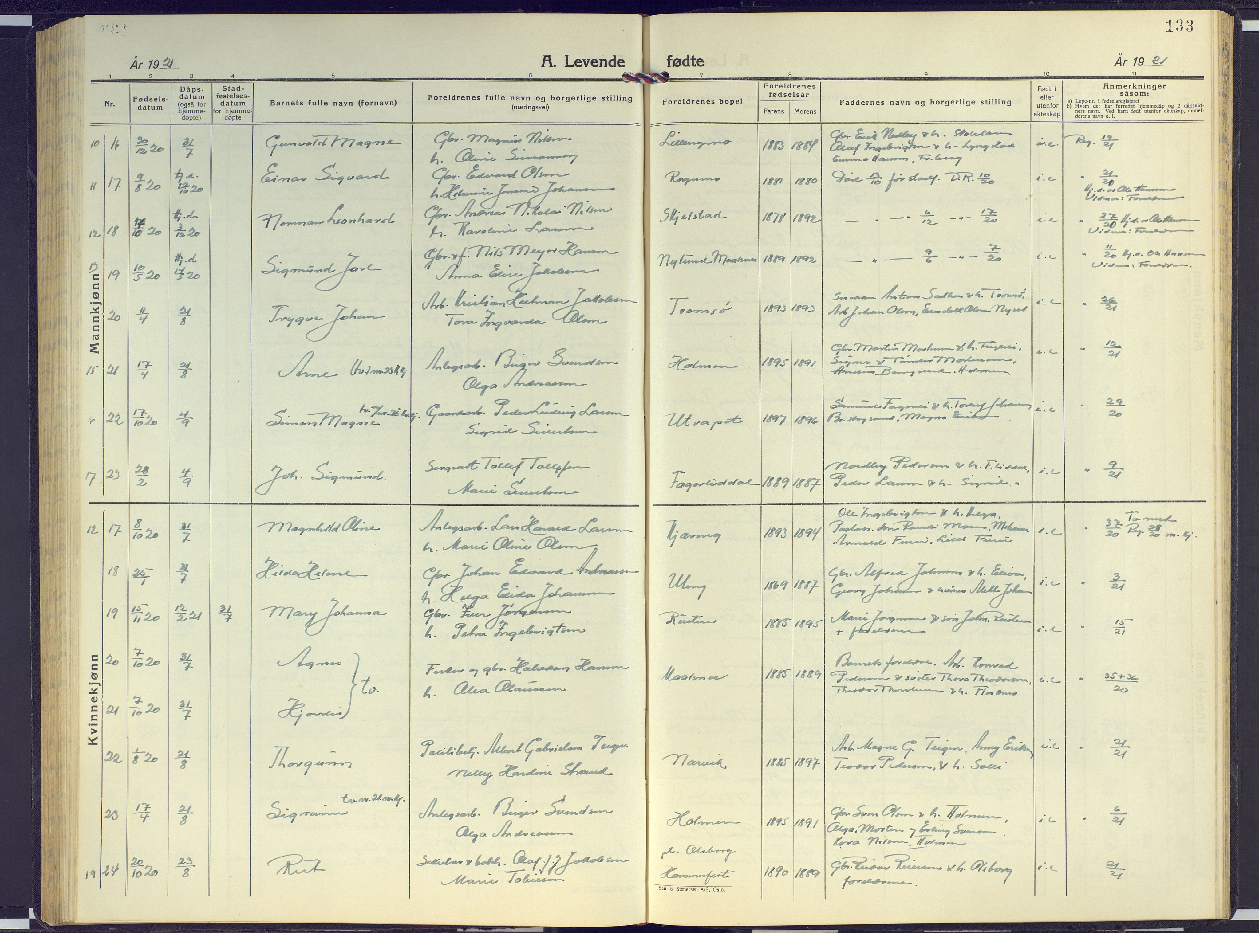 Målselv sokneprestembete, AV/SATØ-S-1311/G/Ga/Gab/L0005klokker: Parish register (copy) no. 5, 1901-1932, p. 133