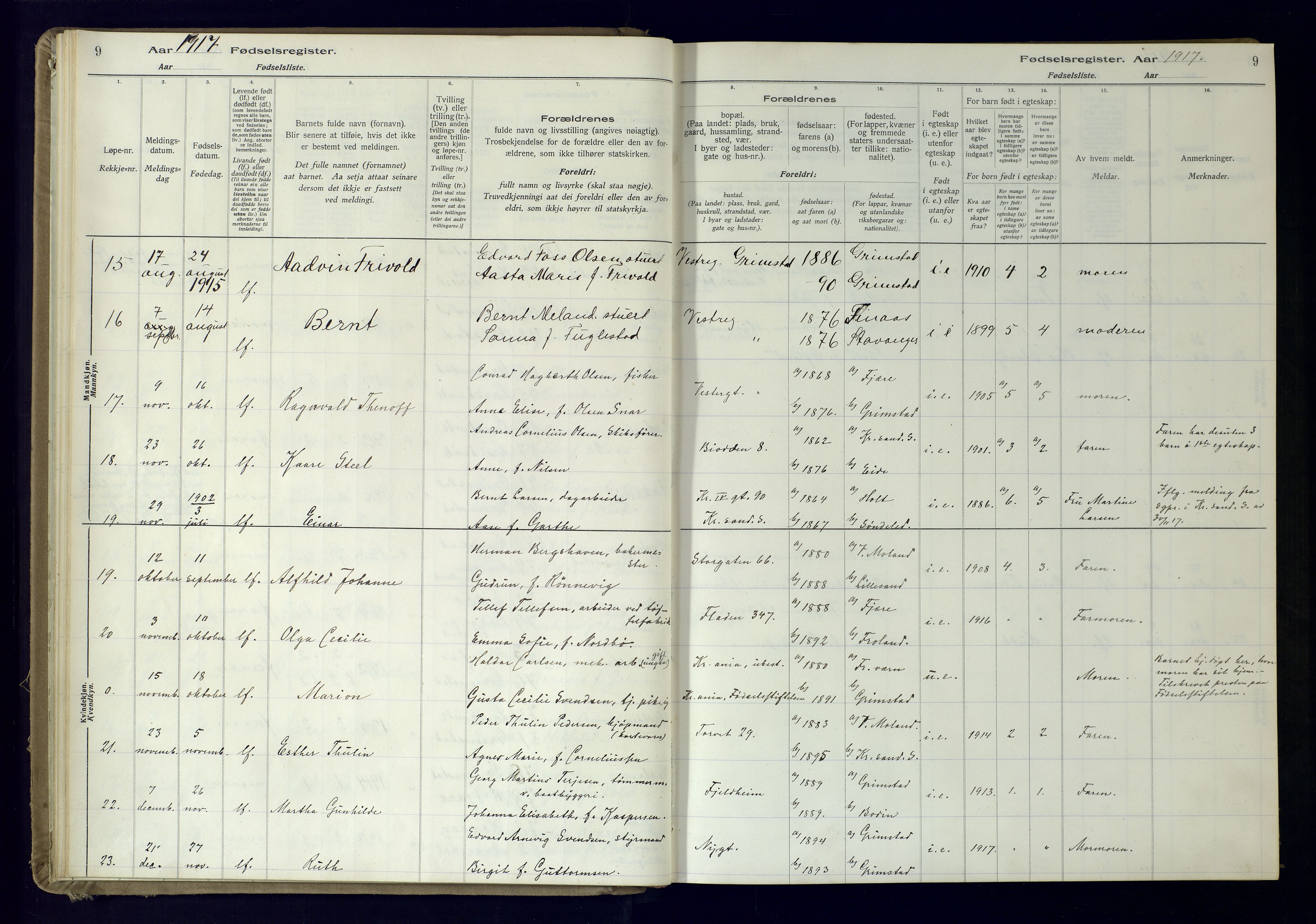 Grimstad sokneprestkontor, AV/SAK-1111-0017/J/Ja/L0001: Birth register no. 1, 1916-1960, p. 9