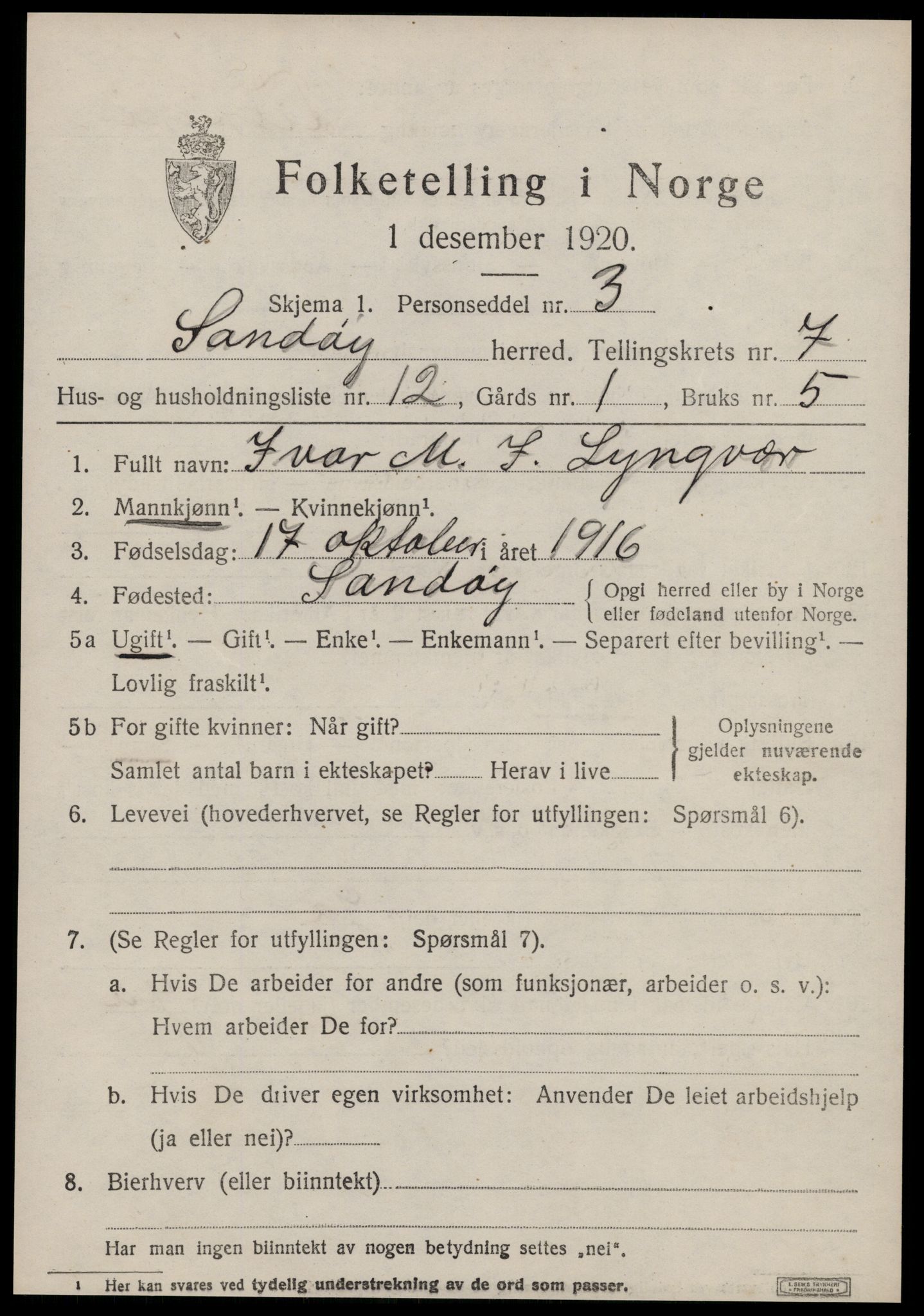 SAT, 1920 census for Sandøy, 1920, p. 2464