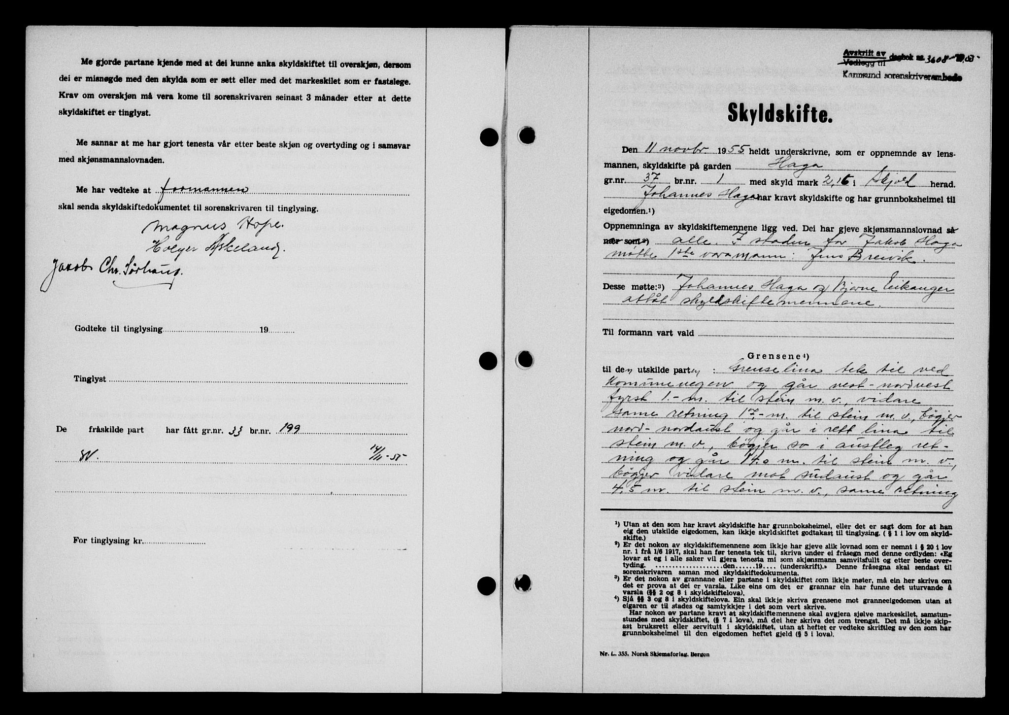Karmsund sorenskriveri, SAST/A-100311/01/II/IIB/L0117: Mortgage book no. 97Aa, 1955-1955, Diary no: : 3608/1955