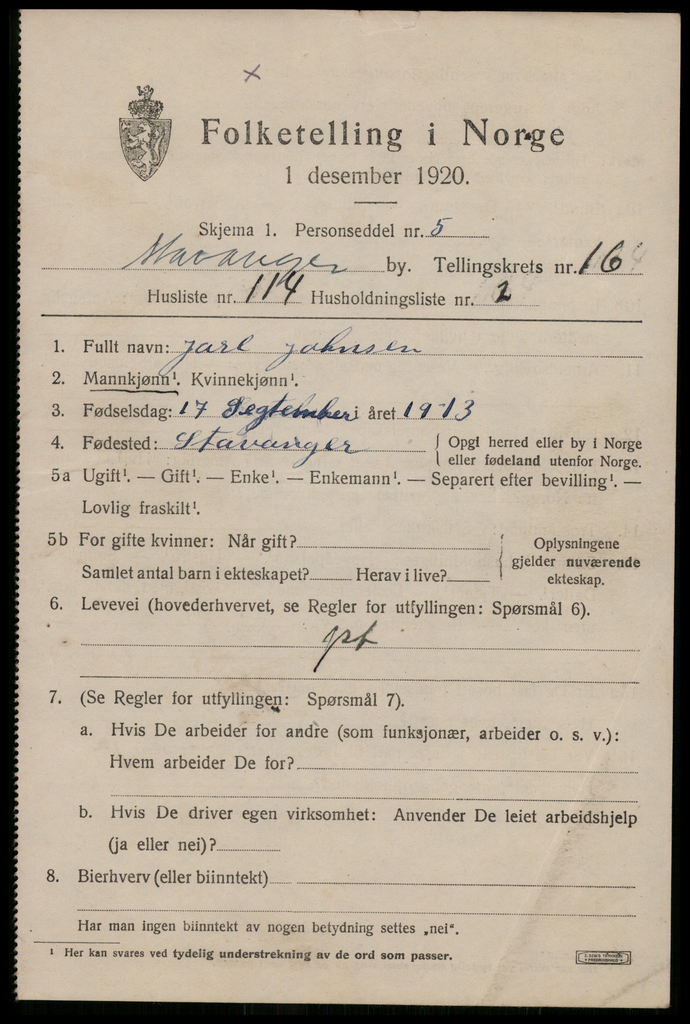 SAST, 1920 census for Stavanger, 1920, p. 65220