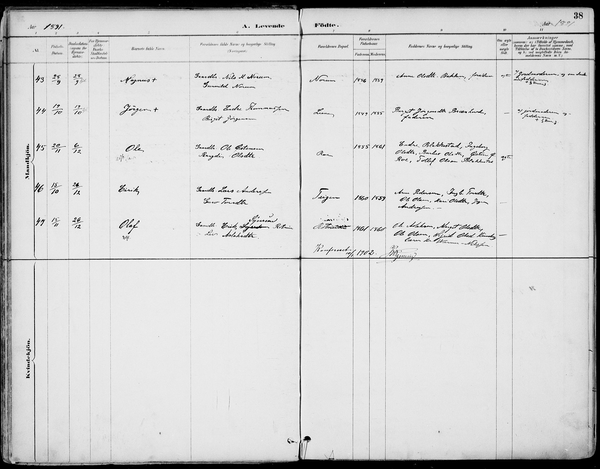 Gol kirkebøker, AV/SAKO-A-226/F/Fa/L0005: Parish register (official) no. I 5, 1887-1900, p. 38