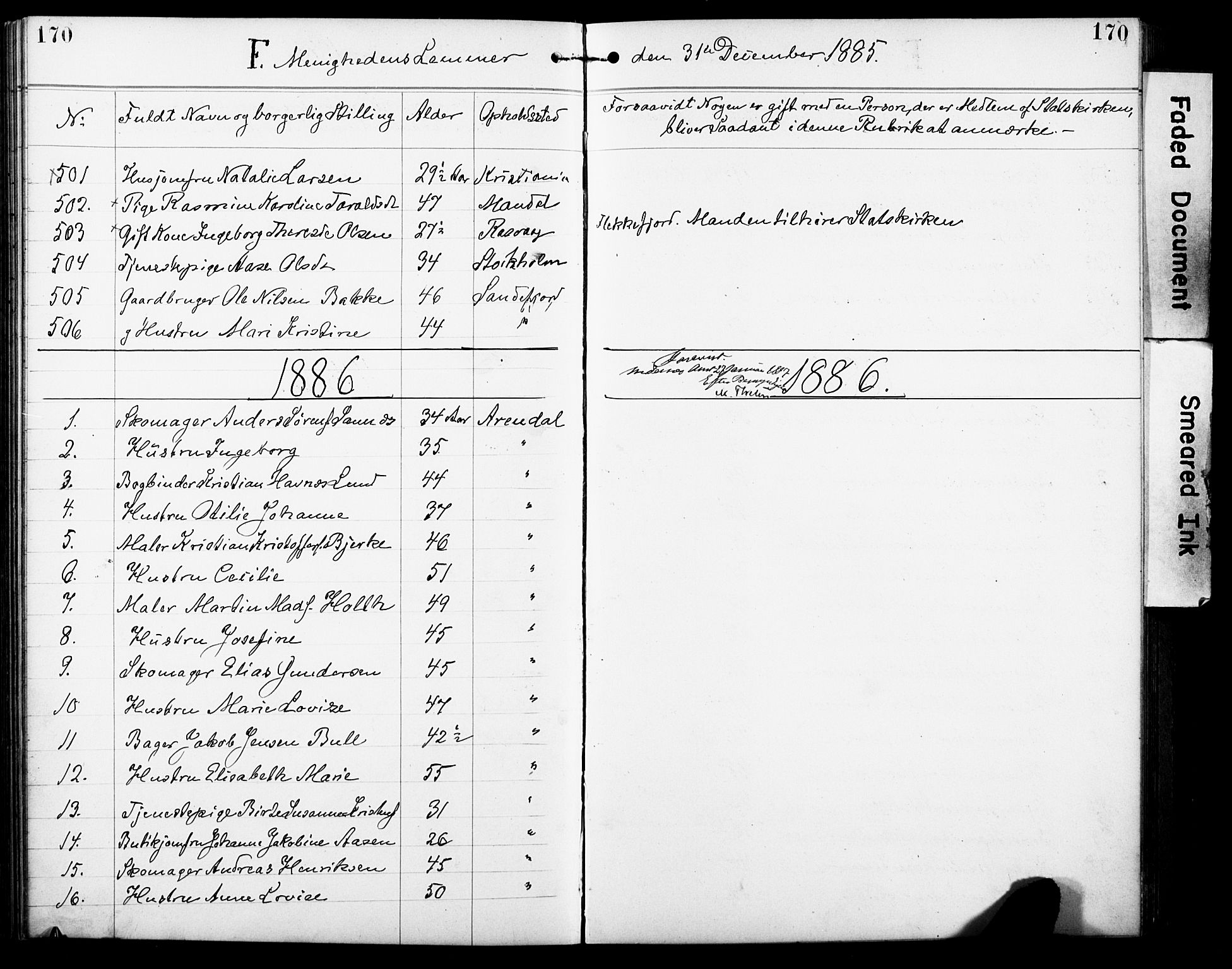 Den evangelisk-lutherske frimenighet, Arendal, AV/SAK-1292-0005/F/Fa/L0002: Dissenter register no. F 6, 1884-1908, p. 170