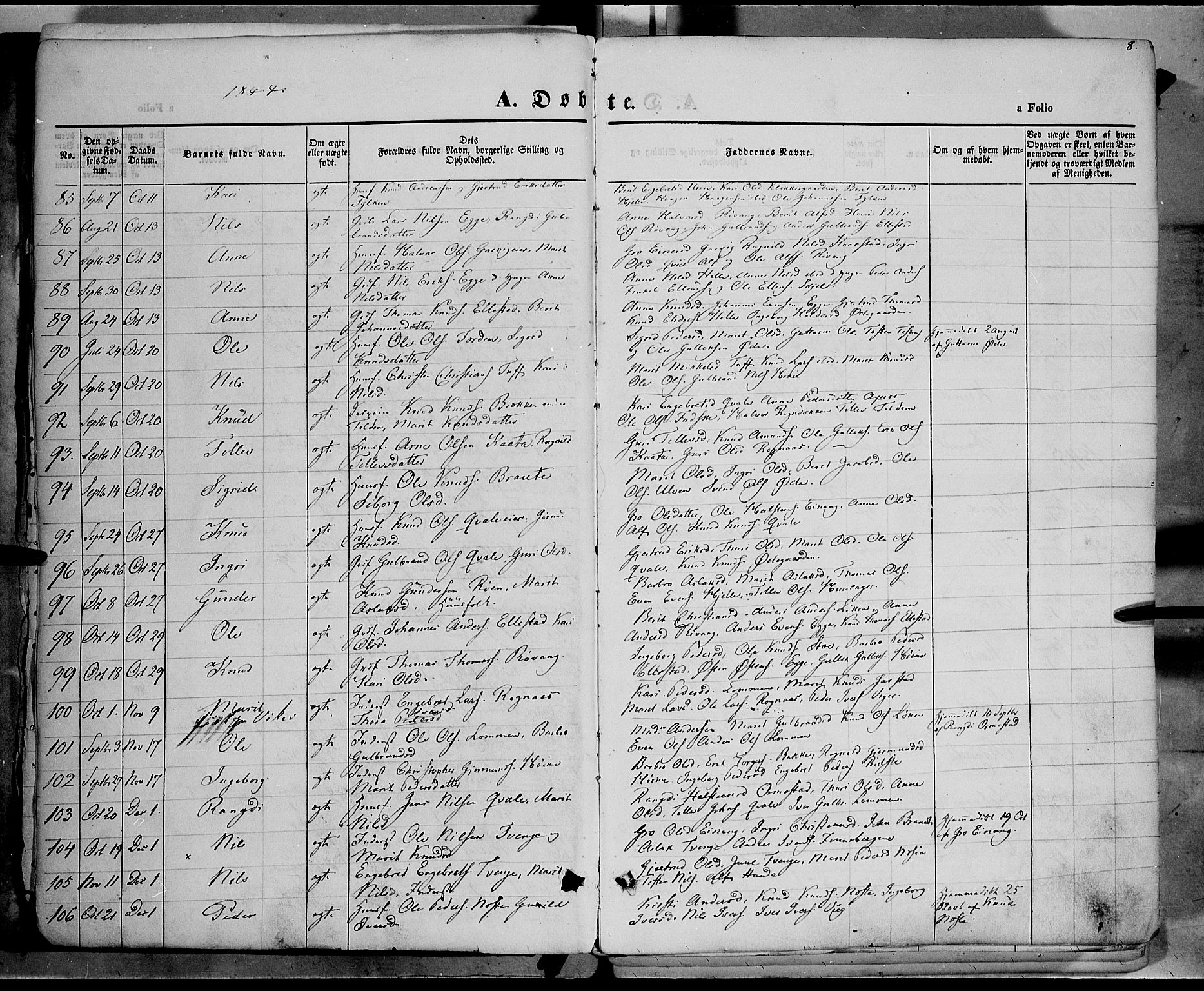 Vestre Slidre prestekontor, SAH/PREST-136/H/Ha/Haa/L0001: Parish register (official) no. 1, 1844-1855, p. 8