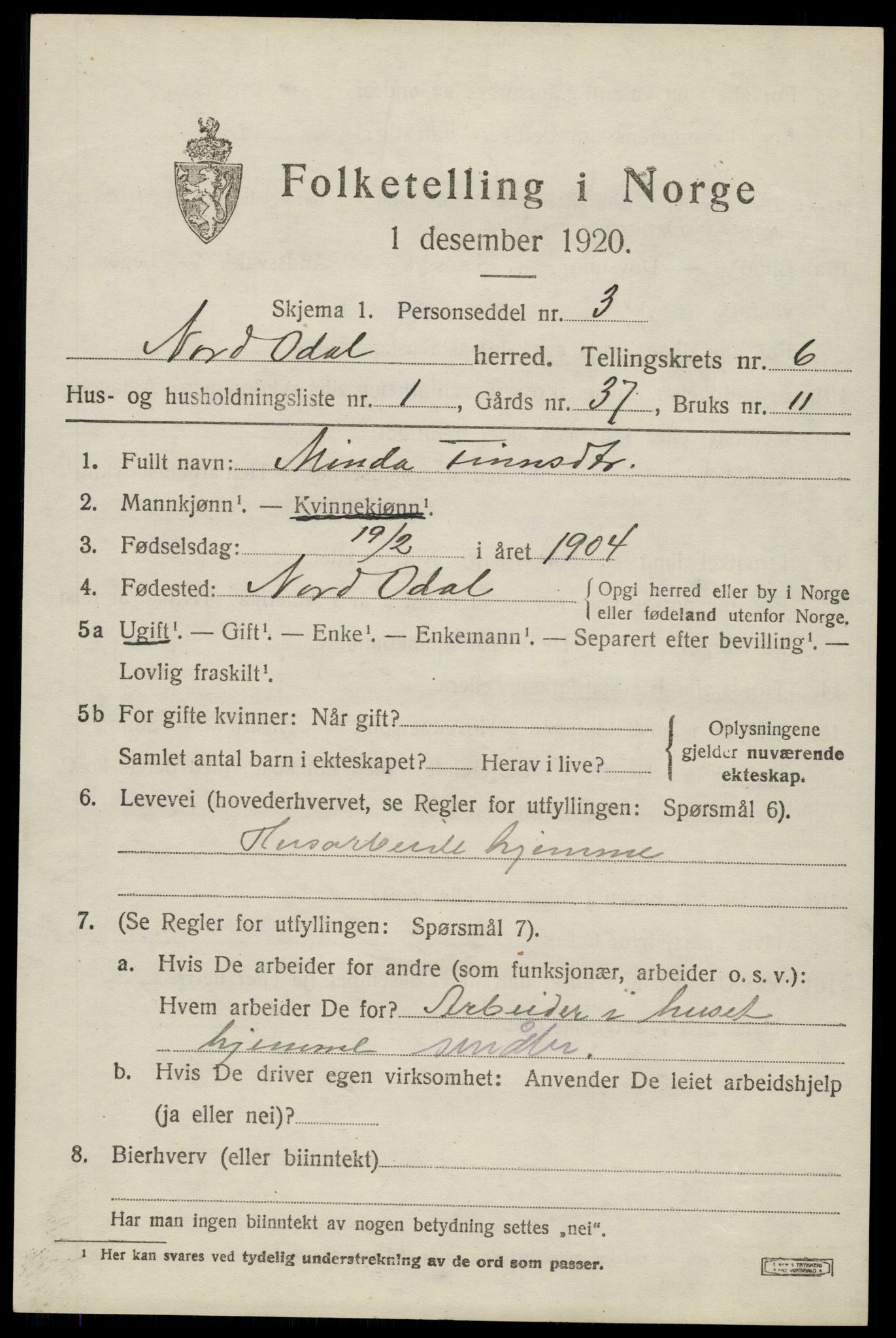 SAH, 1920 census for Nord-Odal, 1920, p. 6573