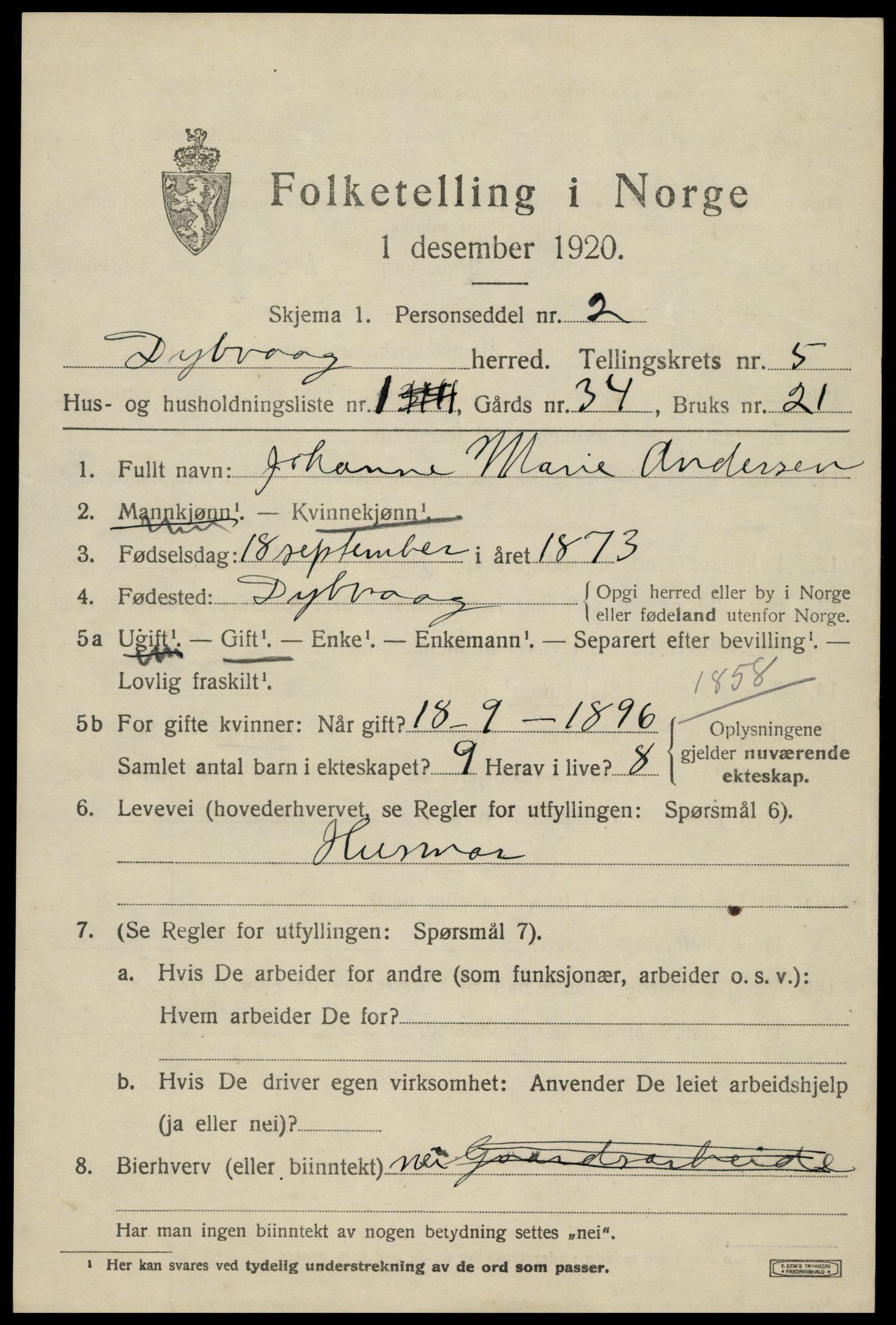 SAK, 1920 census for Dypvåg, 1920, p. 4119