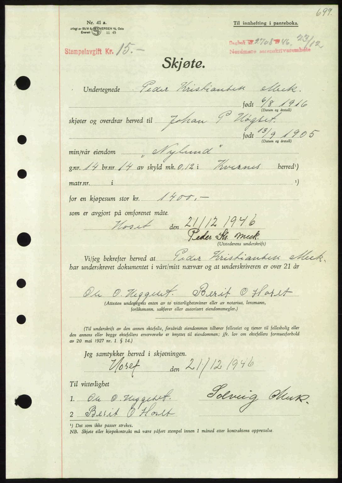 Nordmøre sorenskriveri, AV/SAT-A-4132/1/2/2Ca: Mortgage book no. A103, 1946-1947, Diary no: : 2708/1946