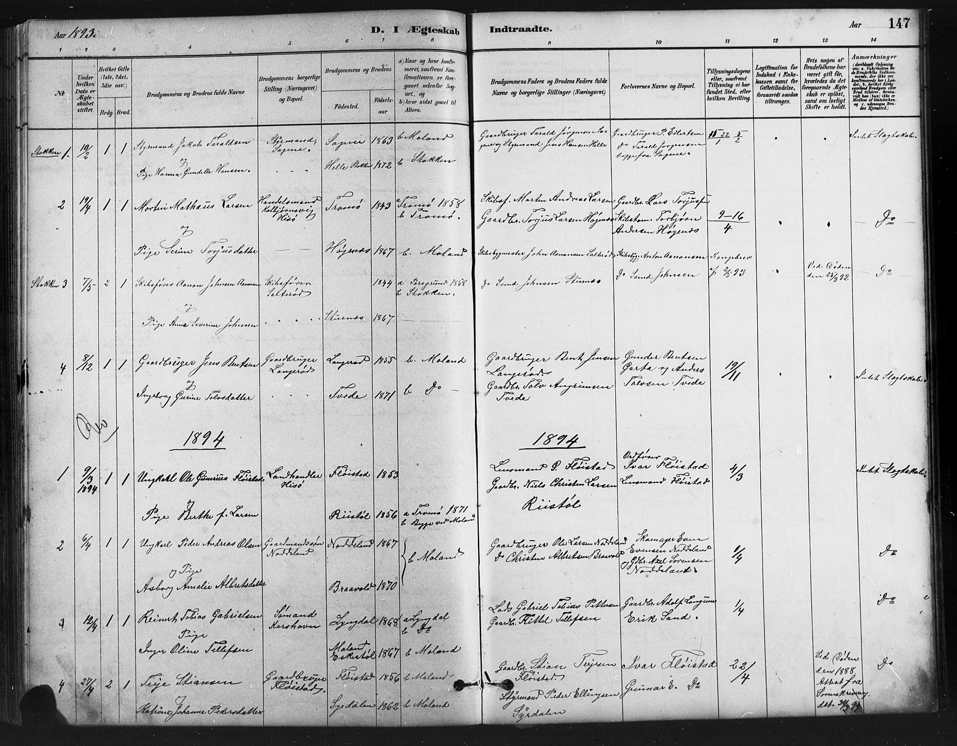 Austre Moland sokneprestkontor, SAK/1111-0001/F/Fb/Fba/L0003: Parish register (copy) no. B 3, 1879-1914, p. 147