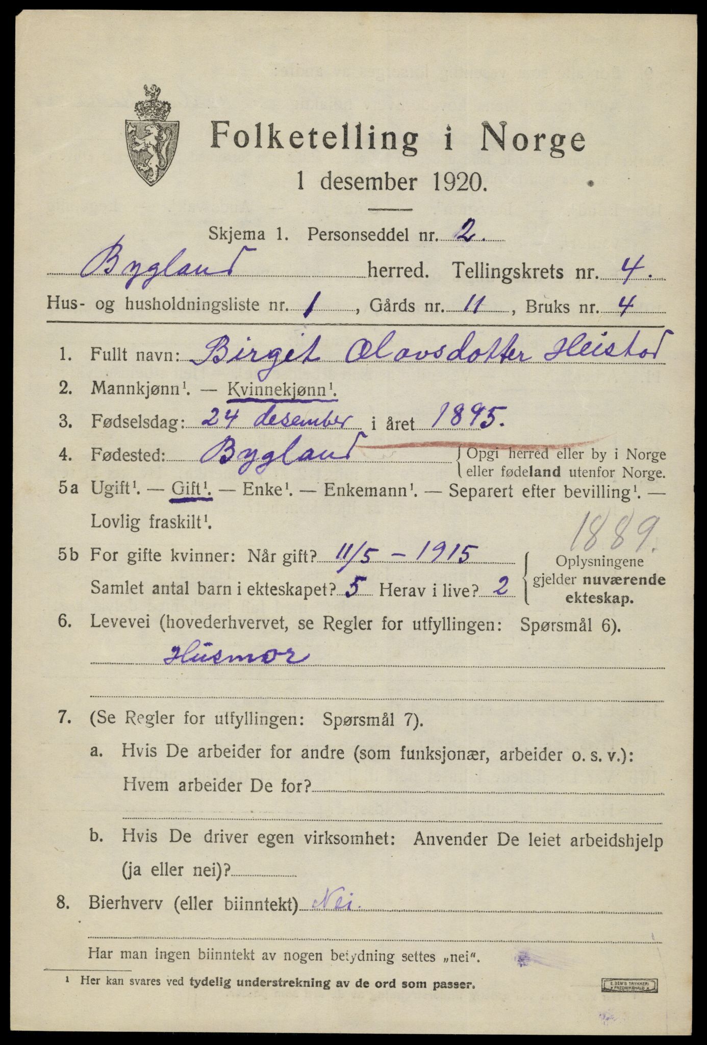 SAK, 1920 census for Bygland, 1920, p. 1685