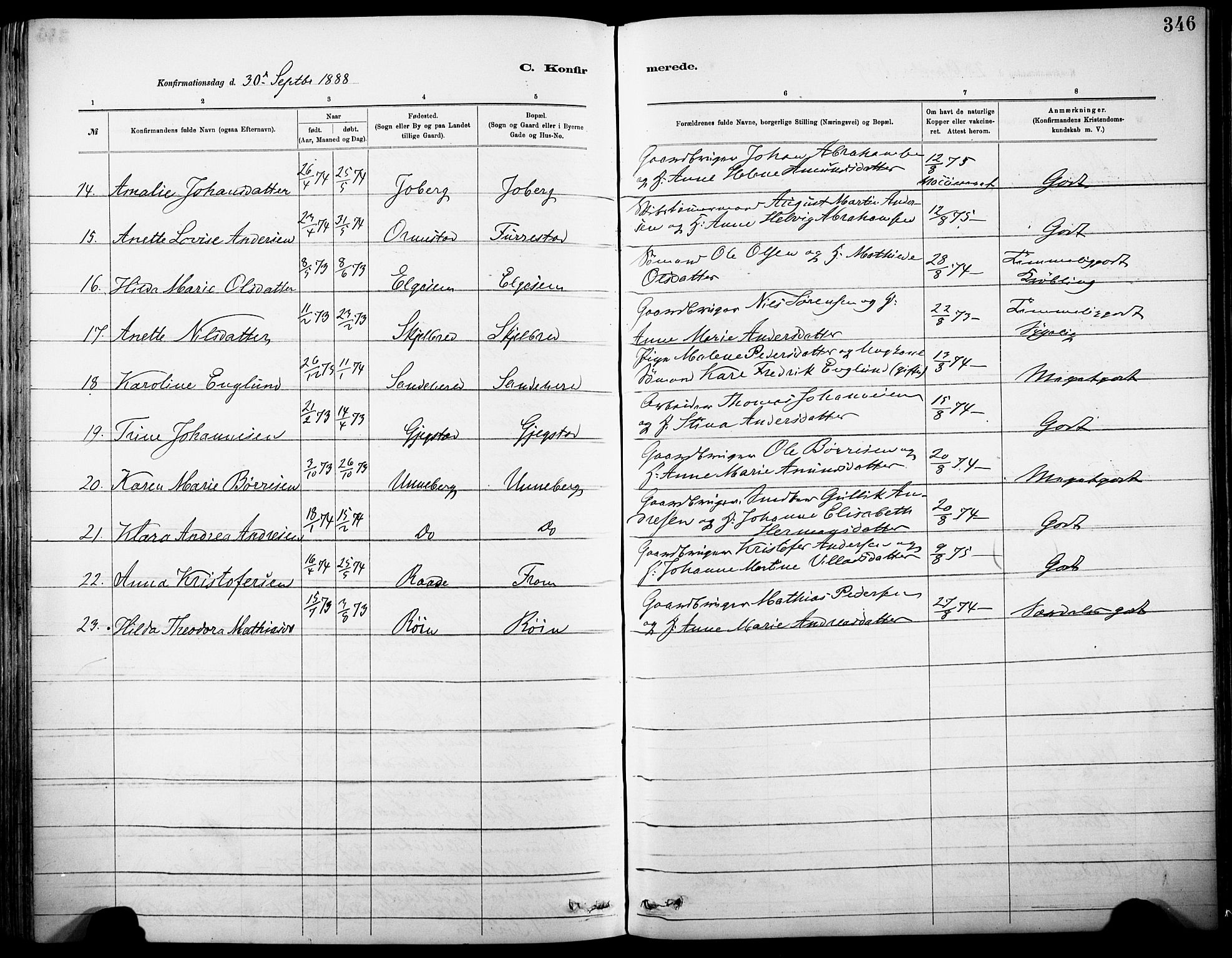 Sandar kirkebøker, AV/SAKO-A-243/F/Fa/L0012: Parish register (official) no. 12, 1883-1895, p. 346