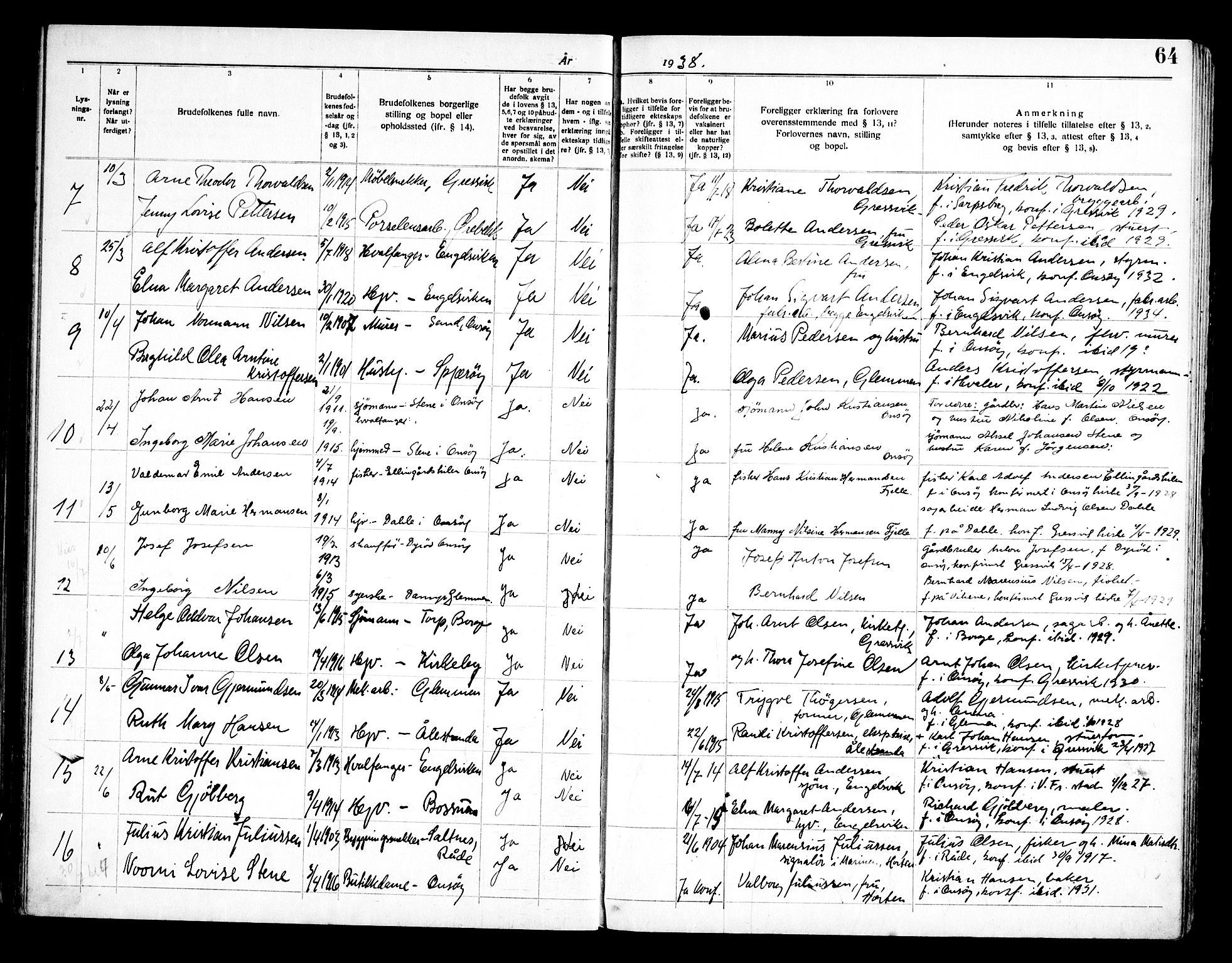 Onsøy prestekontor Kirkebøker, SAO/A-10914/H/Hb/L0001: Banns register no. II 1, 1919-1949, p. 64