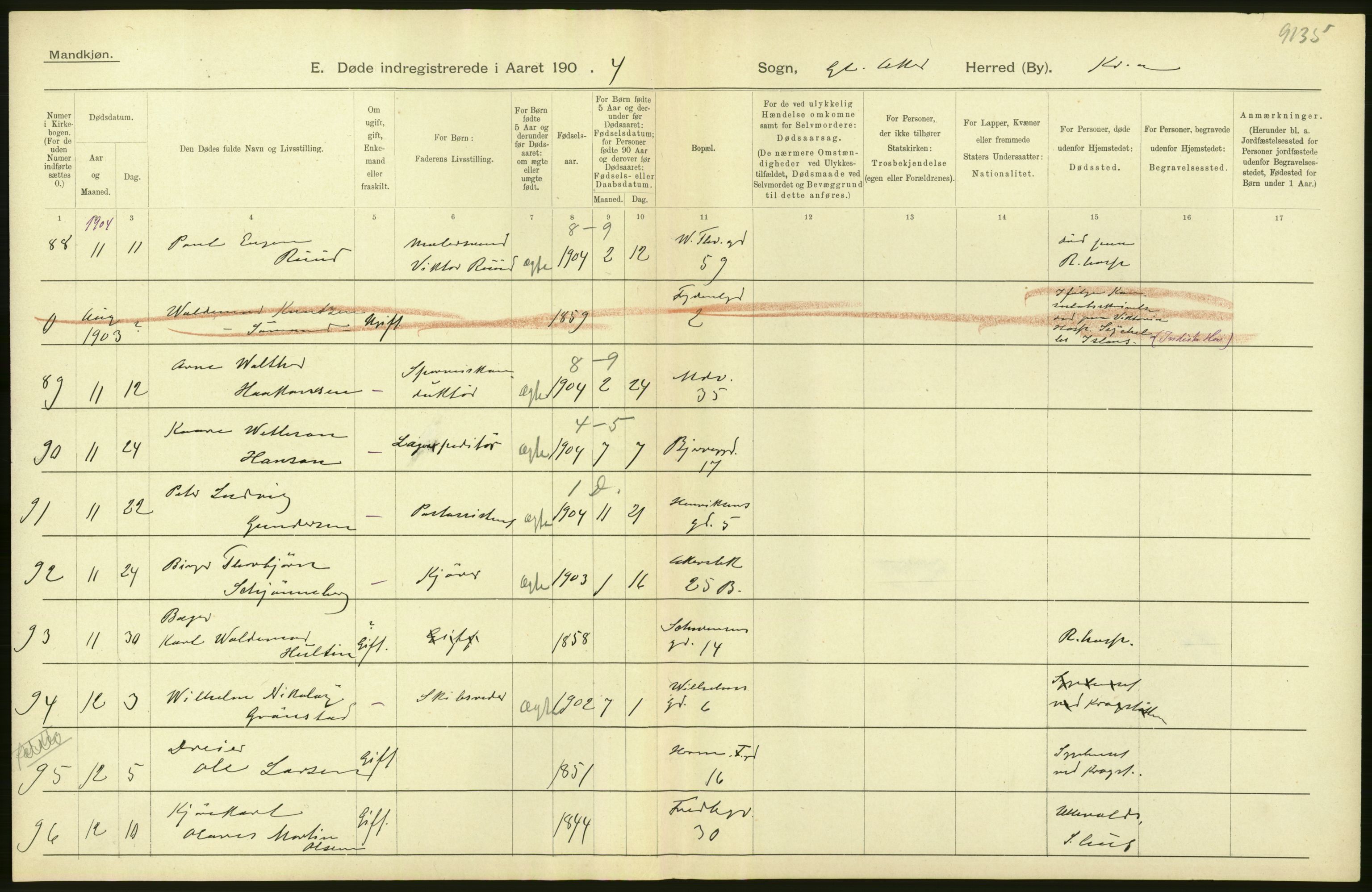 Statistisk sentralbyrå, Sosiodemografiske emner, Befolkning, AV/RA-S-2228/D/Df/Dfa/Dfab/L0004: Kristiania: Gifte, døde, 1904, p. 364