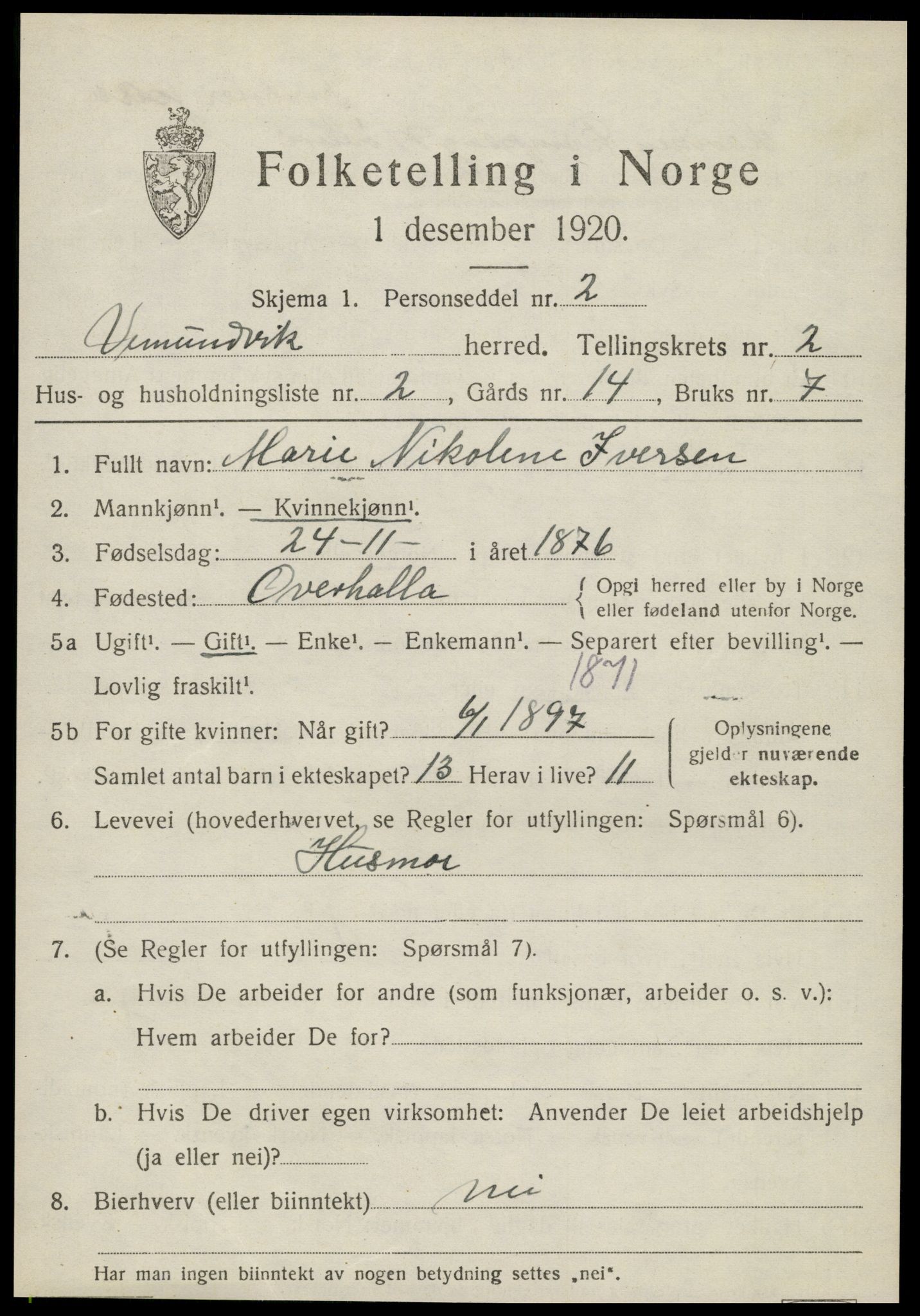 SAT, 1920 census for Vemundvik, 1920, p. 2469