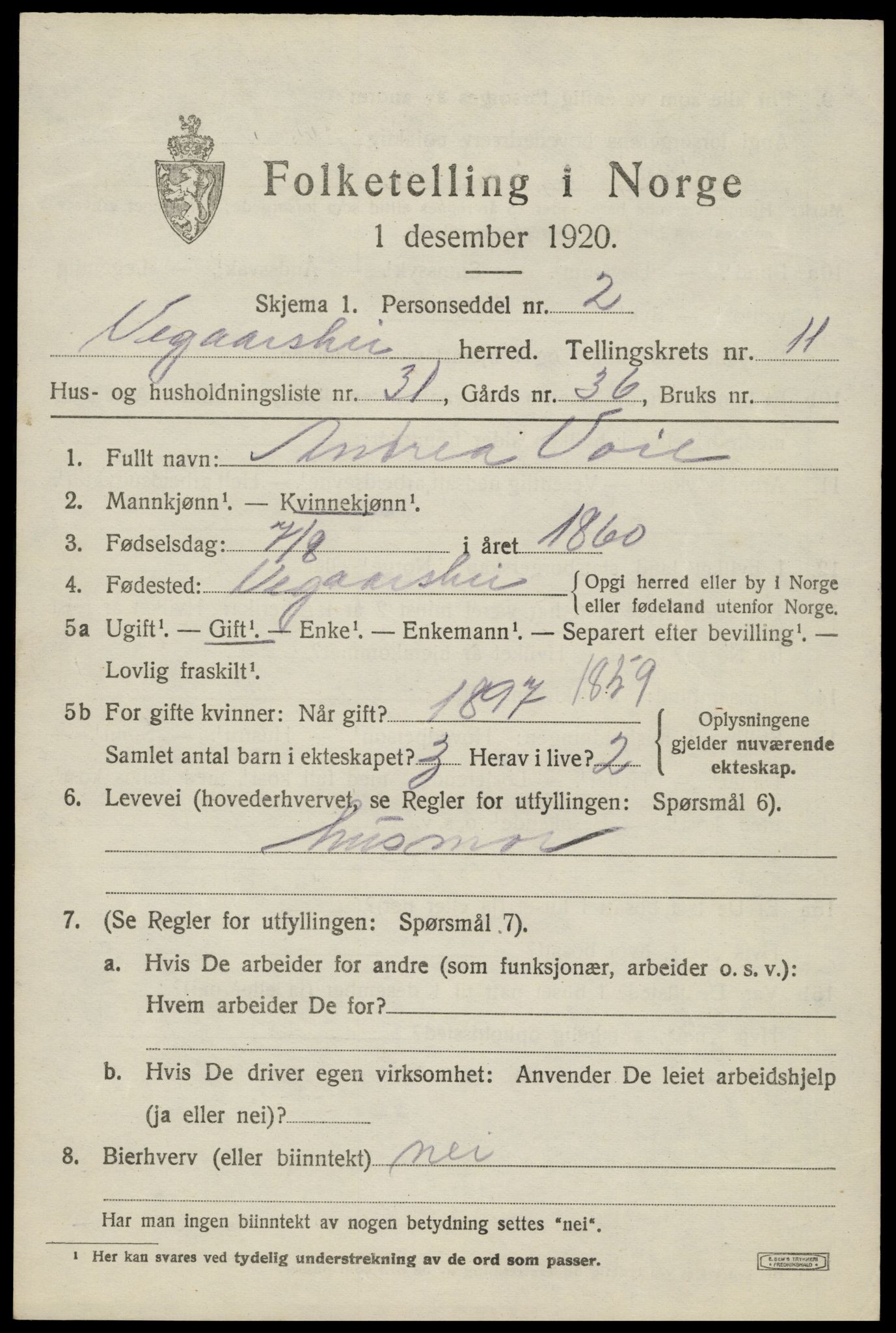 SAK, 1920 census for Vegårshei, 1920, p. 3782