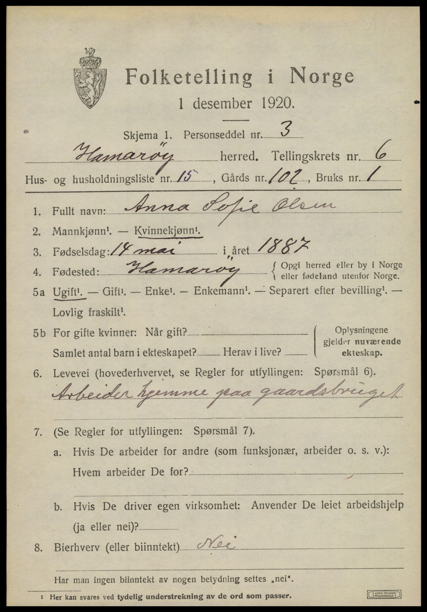 SAT, 1920 census for Hamarøy, 1920, p. 3126