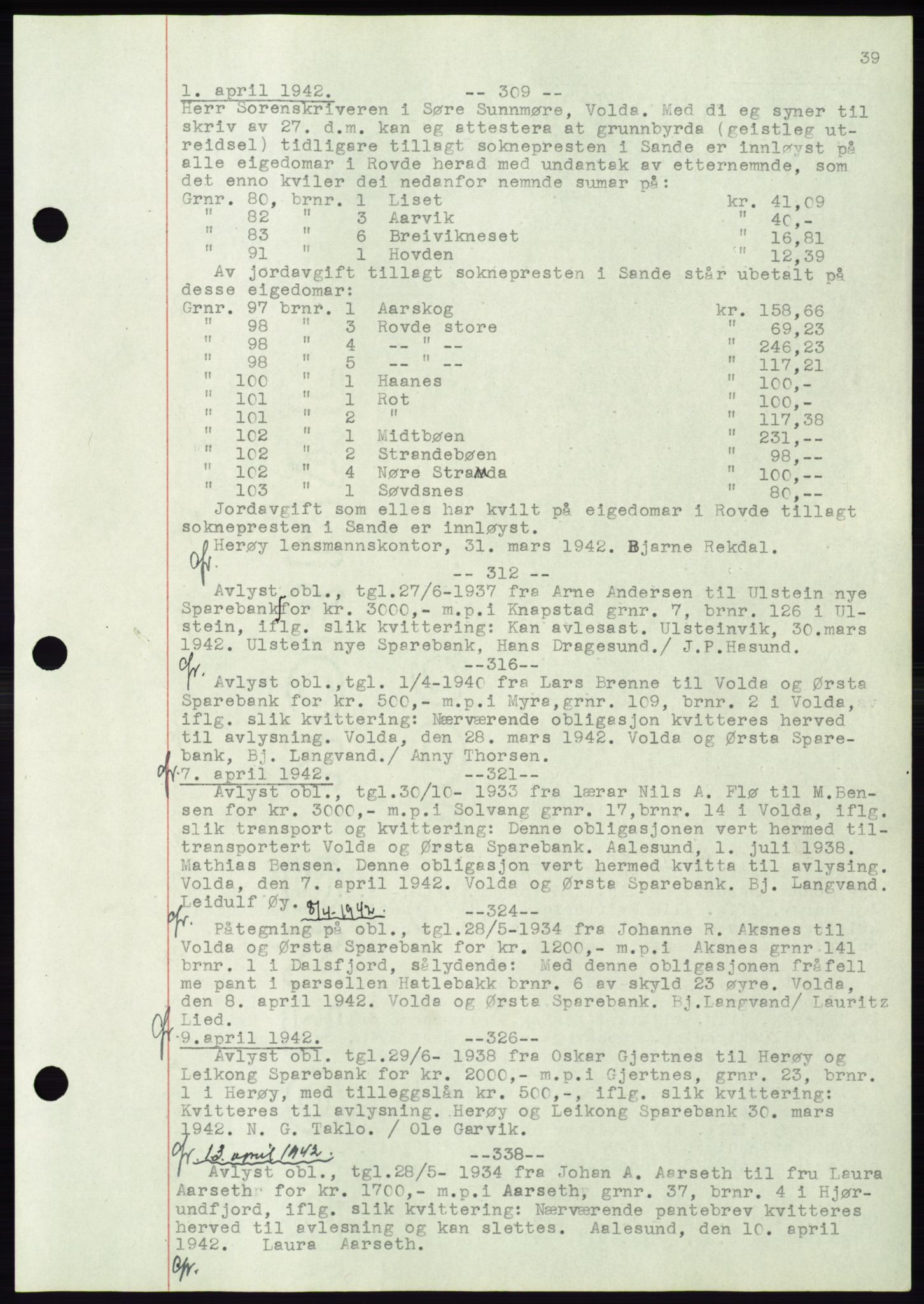 Søre Sunnmøre sorenskriveri, AV/SAT-A-4122/1/2/2C/L0072: Mortgage book no. 66, 1941-1955, Diary no: : 309/1942