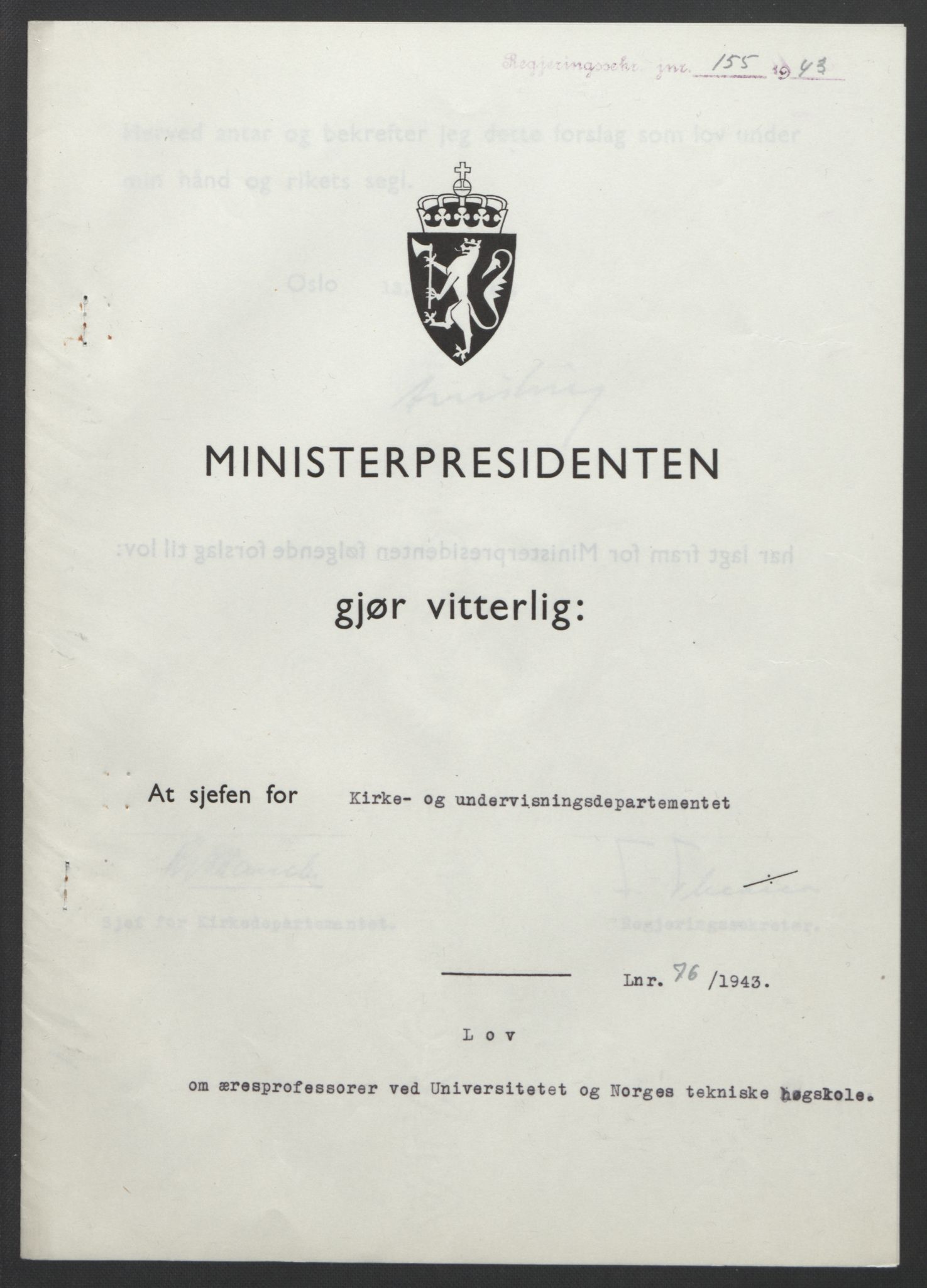 NS-administrasjonen 1940-1945 (Statsrådsekretariatet, de kommisariske statsråder mm), RA/S-4279/D/Db/L0099: Lover, 1943, p. 349