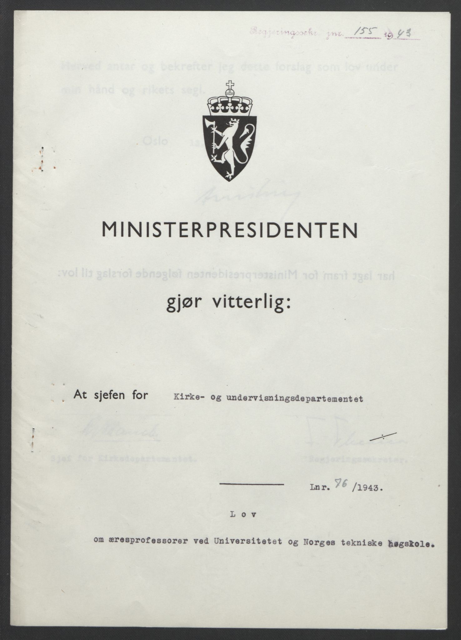 NS-administrasjonen 1940-1945 (Statsrådsekretariatet, de kommisariske statsråder mm), AV/RA-S-4279/D/Db/L0099: Lover, 1943, p. 349