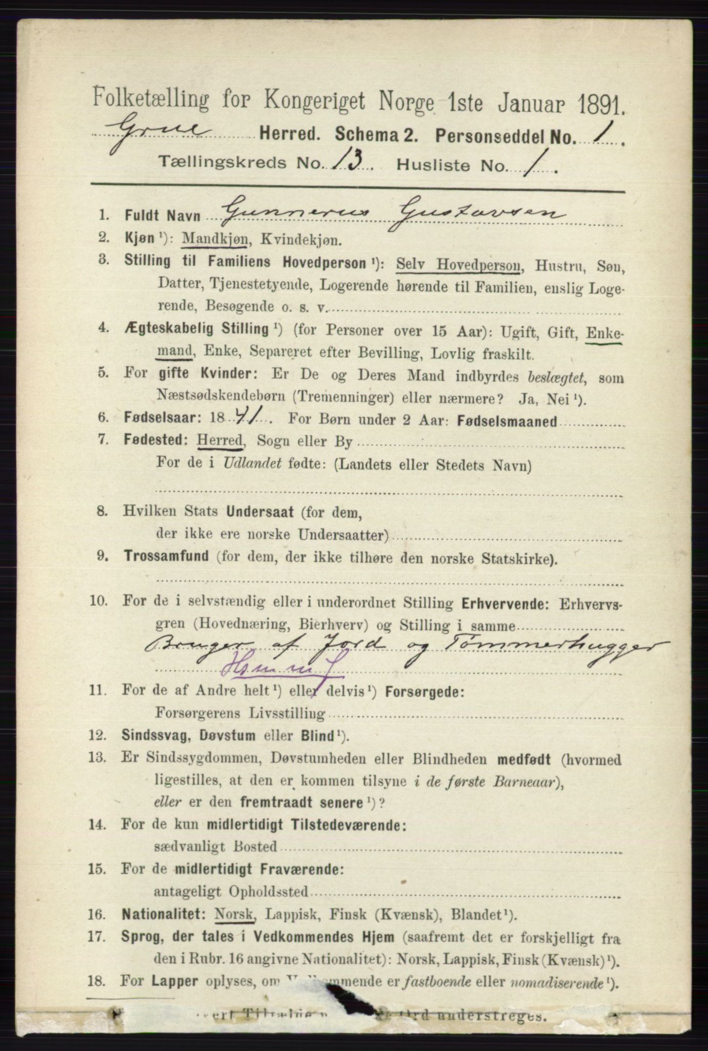 RA, 1891 census for 0423 Grue, 1891, p. 6565