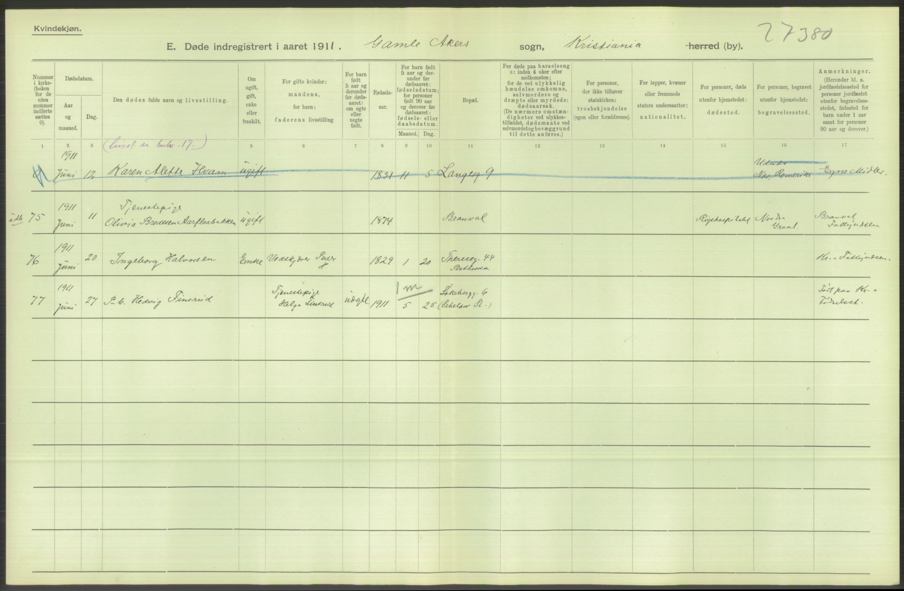 Statistisk sentralbyrå, Sosiodemografiske emner, Befolkning, AV/RA-S-2228/D/Df/Dfb/Dfba/L0010: Kristiania: Døde kvinner samt dødfødte., 1911, p. 560