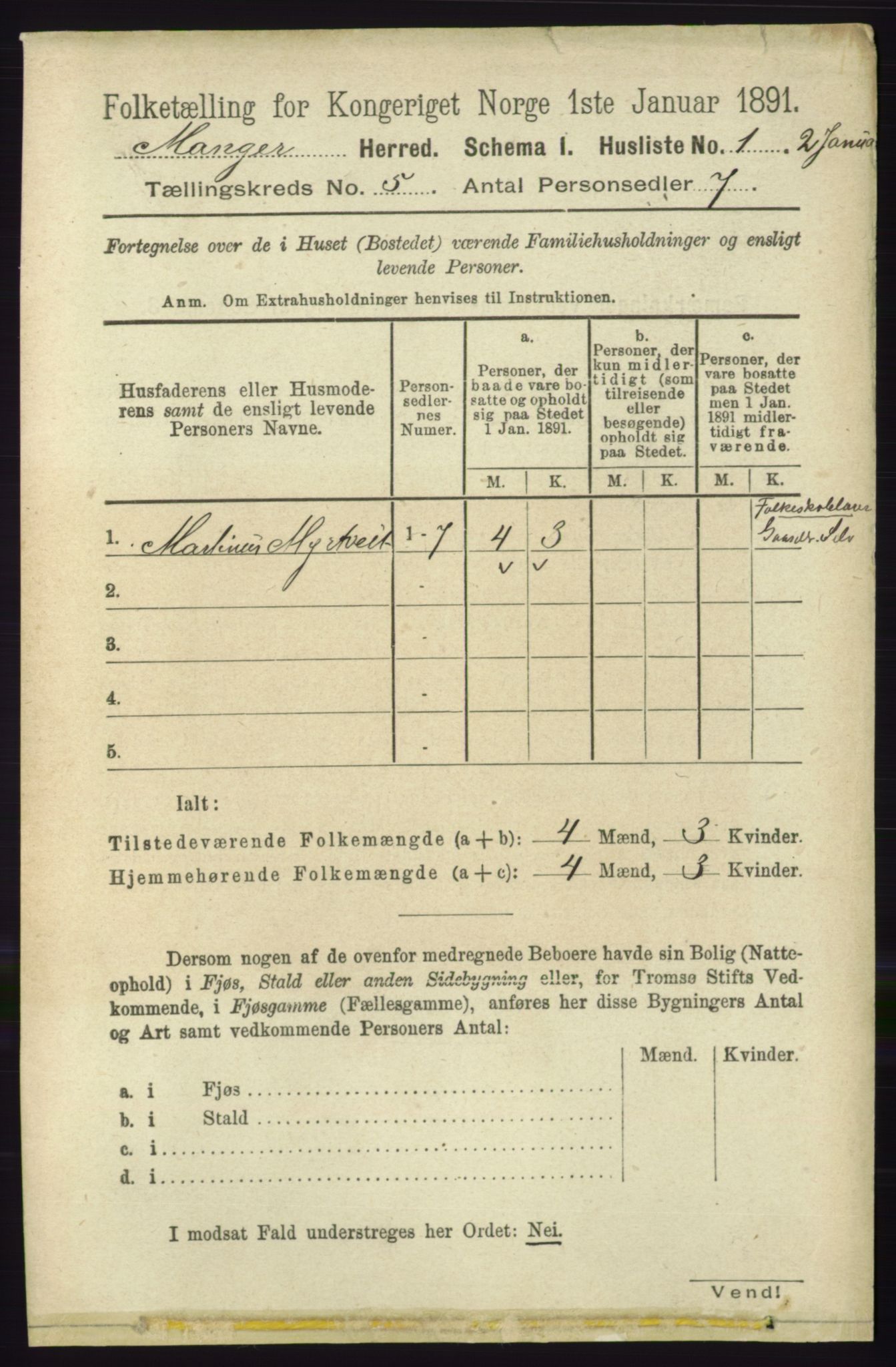 RA, 1891 census for 1261 Manger, 1891, p. 2542