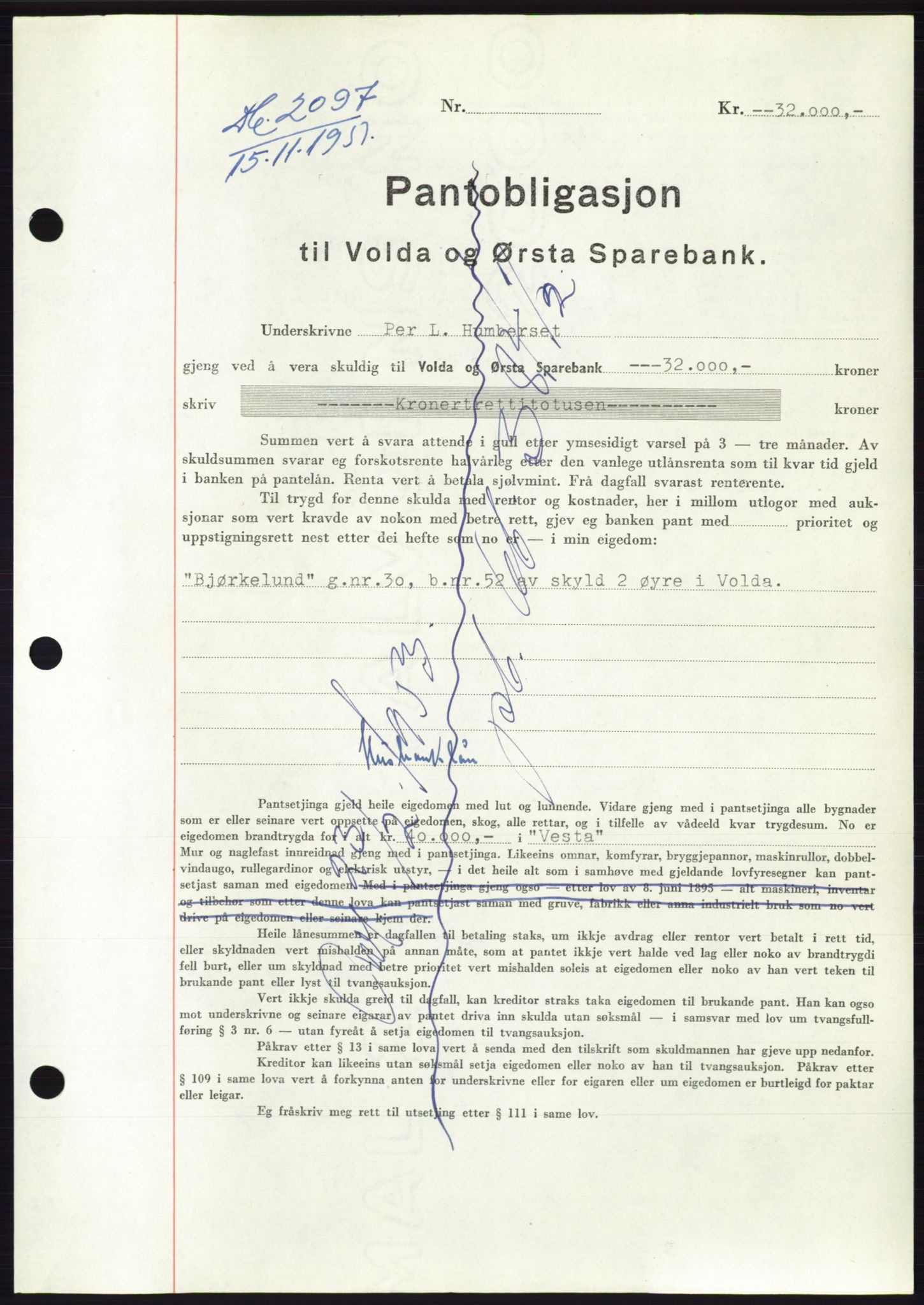 Søre Sunnmøre sorenskriveri, AV/SAT-A-4122/1/2/2C/L0120: Mortgage book no. 8B, 1951-1951, Diary no: : 2097/1951