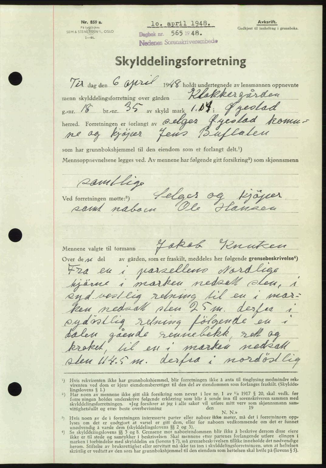 Nedenes sorenskriveri, SAK/1221-0006/G/Gb/Gba/L0059: Mortgage book no. A11, 1948-1948, Diary no: : 565/1948