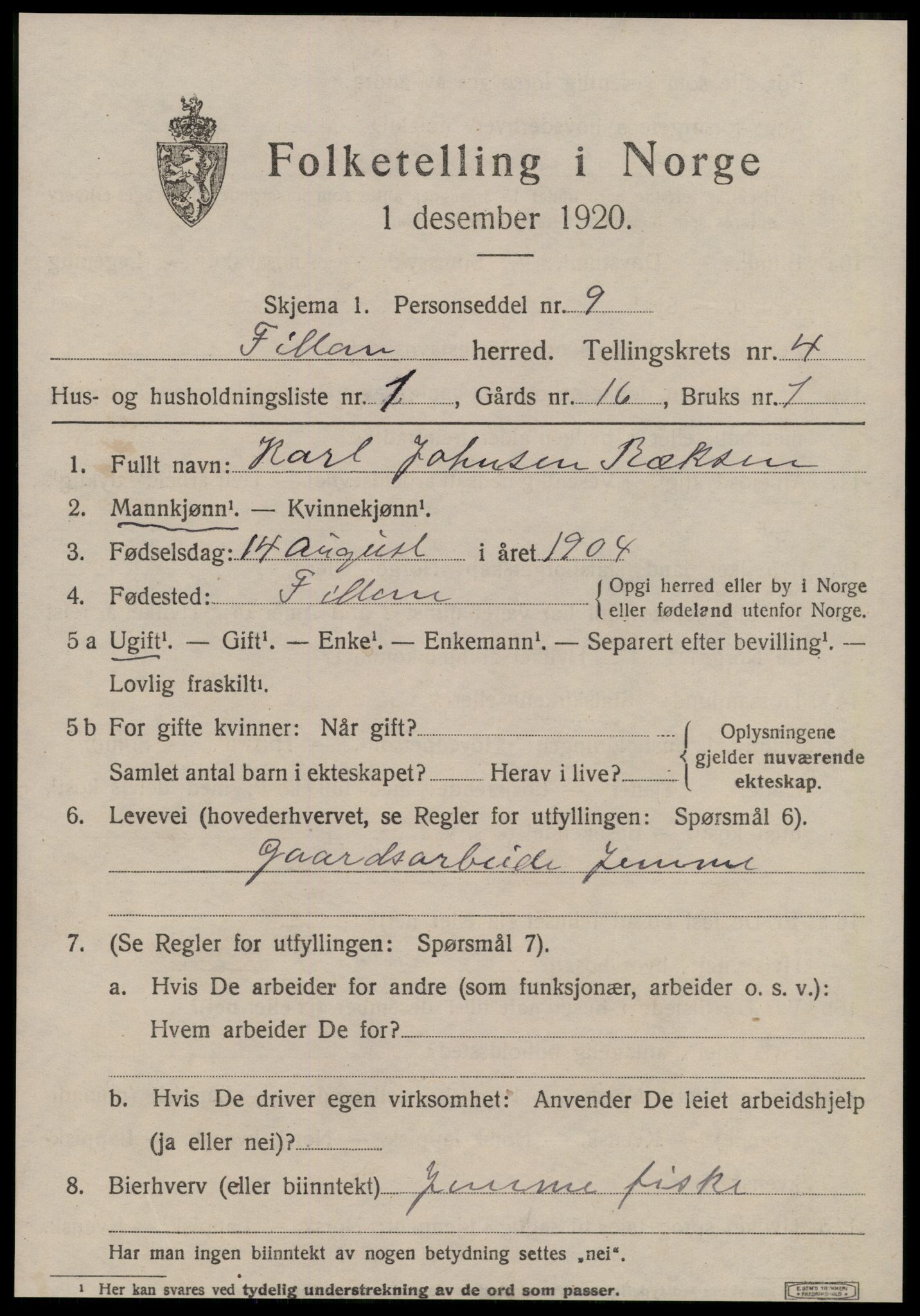 SAT, 1920 census for Fillan, 1920, p. 1776