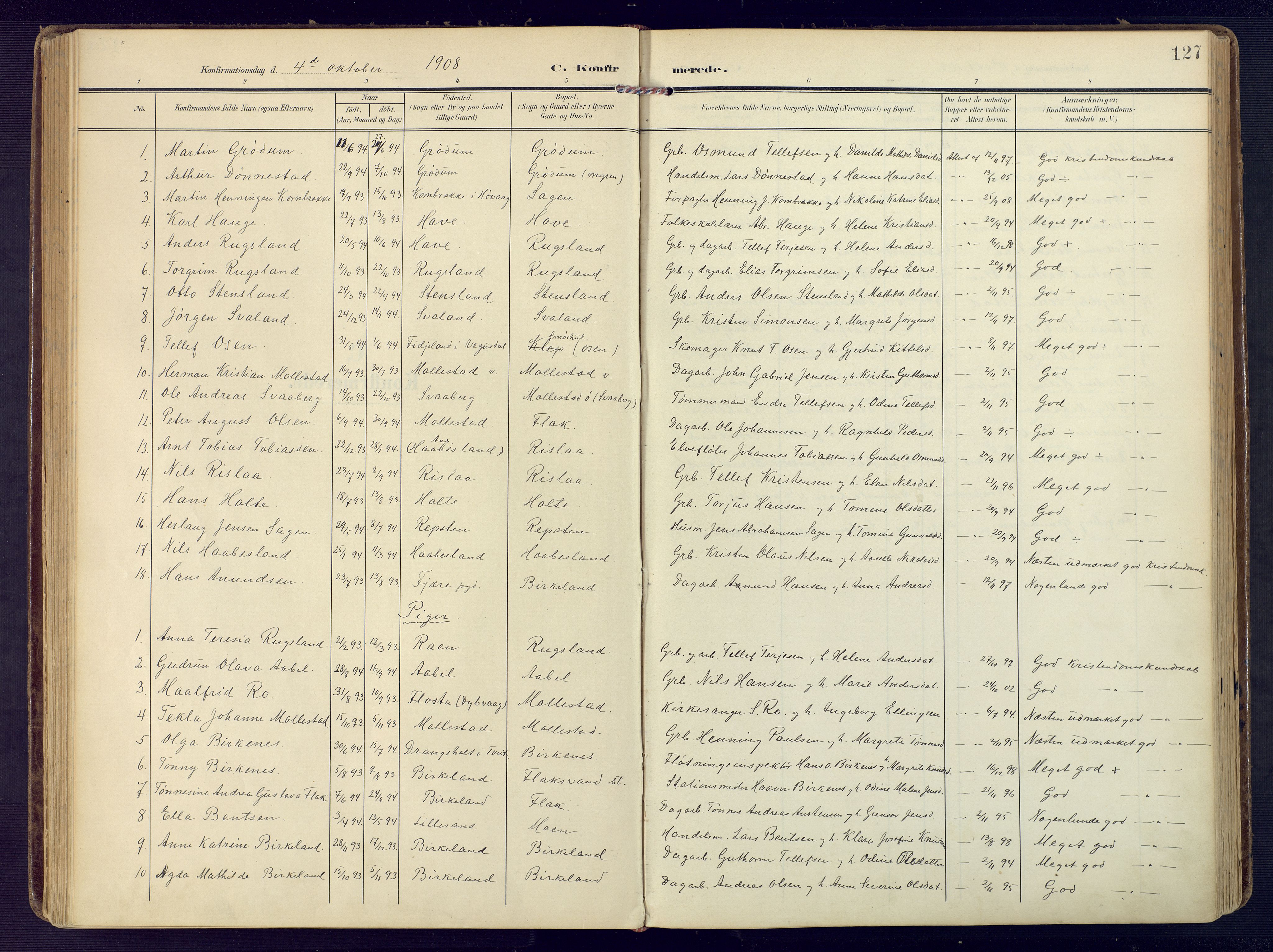 Birkenes sokneprestkontor, SAK/1111-0004/F/Fa/L0006: Parish register (official) no. A 6, 1908-1932, p. 127