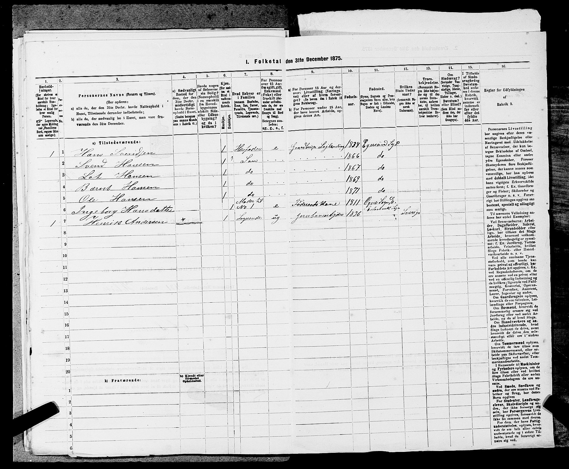 SAST, 1875 census for 1116L Eigersund/Eigersund og Ogna, 1875, p. 969