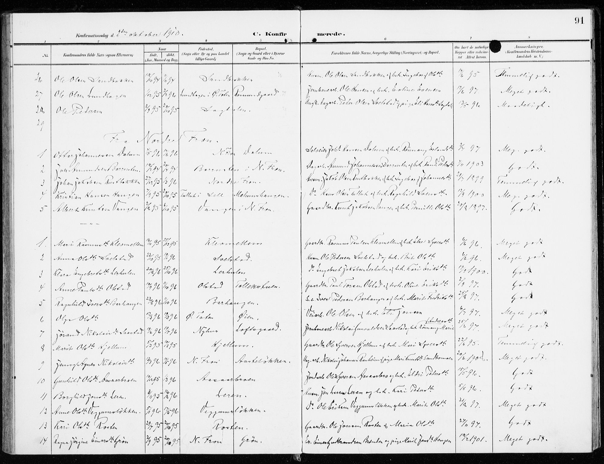 Sel prestekontor, SAH/PREST-074/H/Ha/Haa/L0002: Parish register (official) no. 2, 1905-1919, p. 91