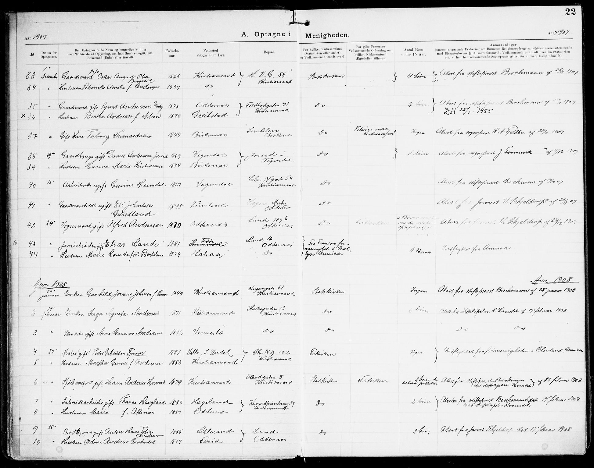 Den evangelisk-lutherske frikirke, Kristiansand, SAK/1292-0017/F/Fa/L0003: Dissenter register no. F 11, 1892-1925, p. 22