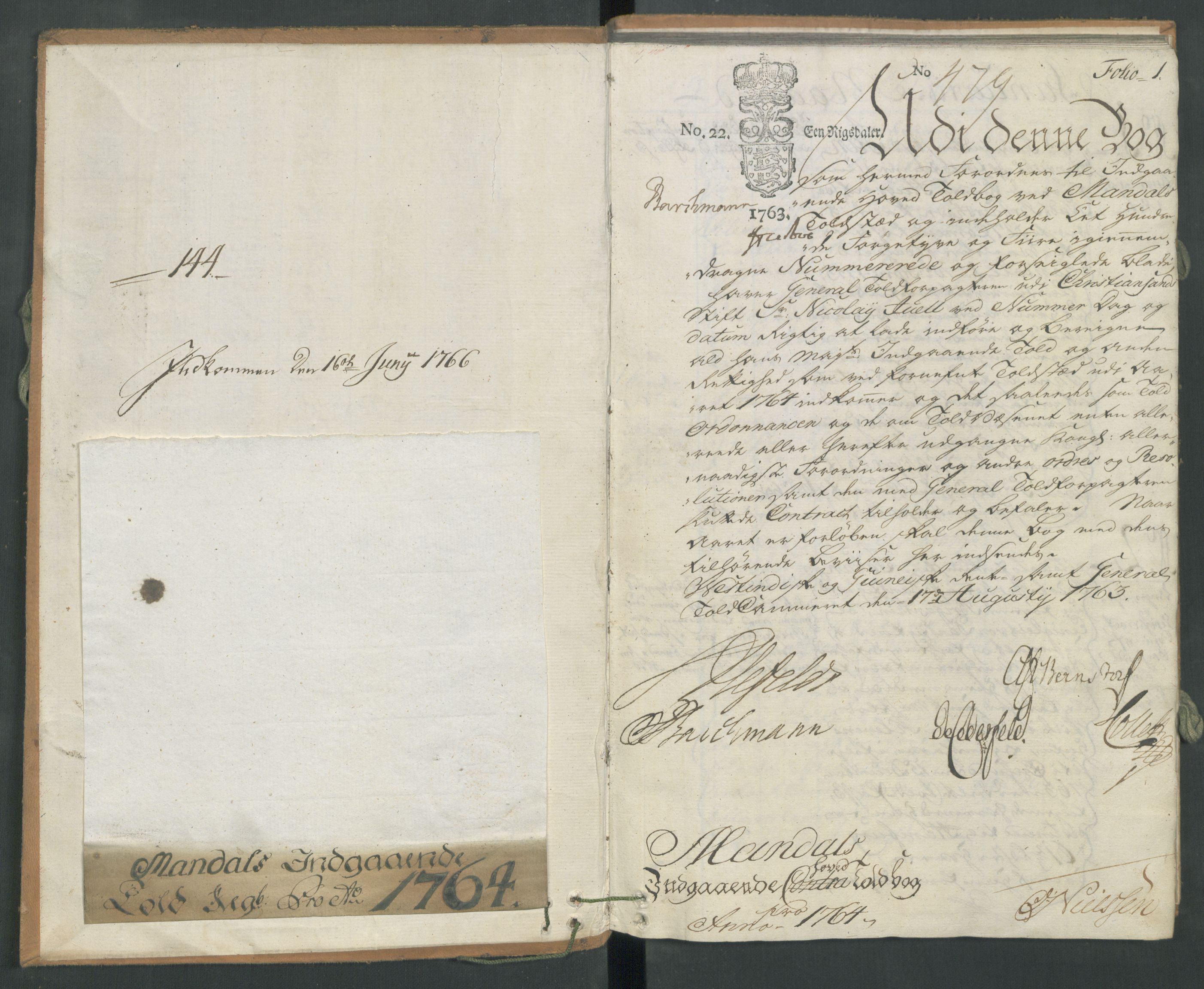 Generaltollkammeret, tollregnskaper, RA/EA-5490/R17/L0025/0001: Tollregnskaper Mandal / Inngående hovedtollbok, 1764, p. 1a