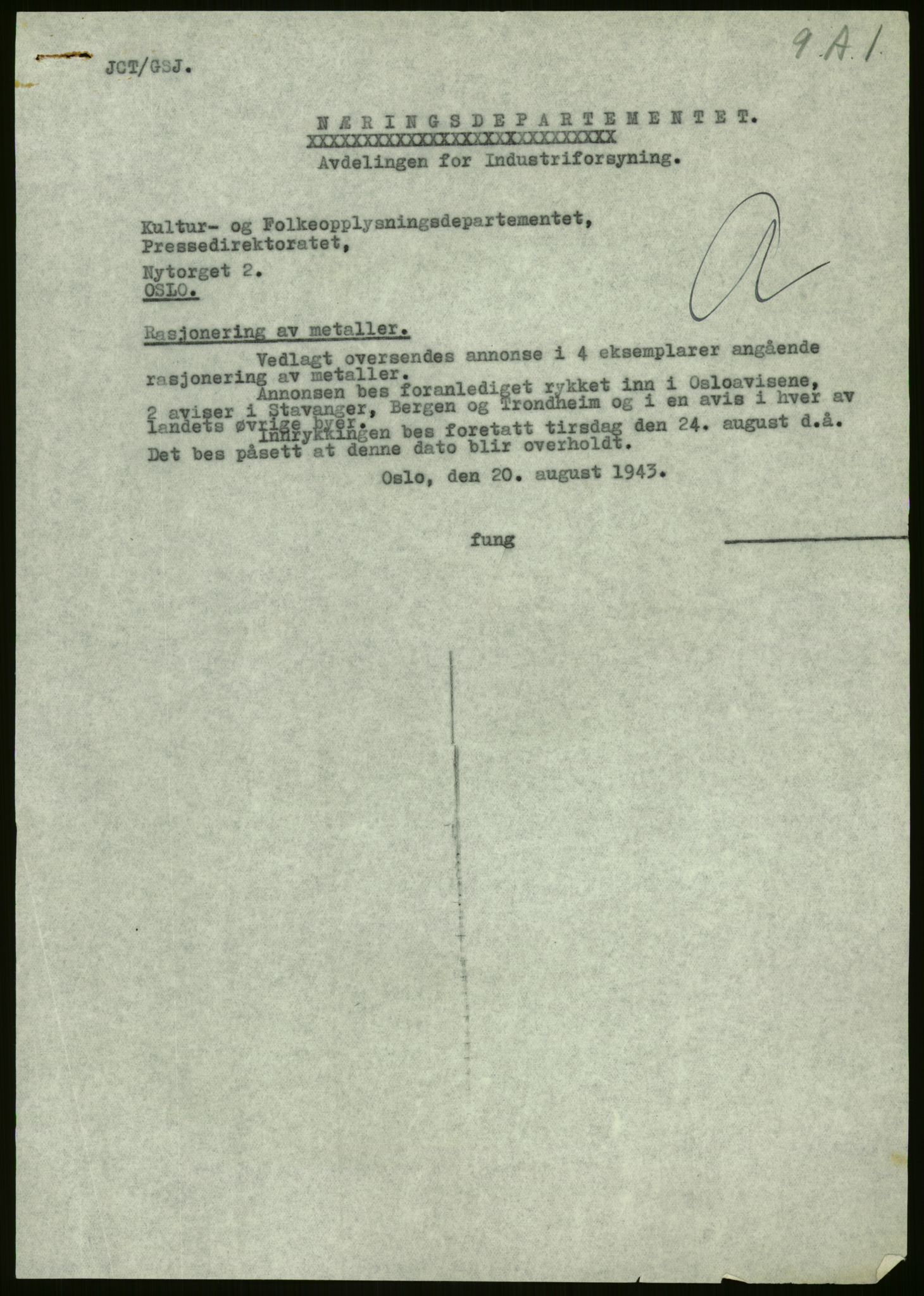 Direktoratet for industriforsyning, Sekretariatet, AV/RA-S-4153/D/Df/L0054: 9. Metallkontoret, 1940-1945, p. 9