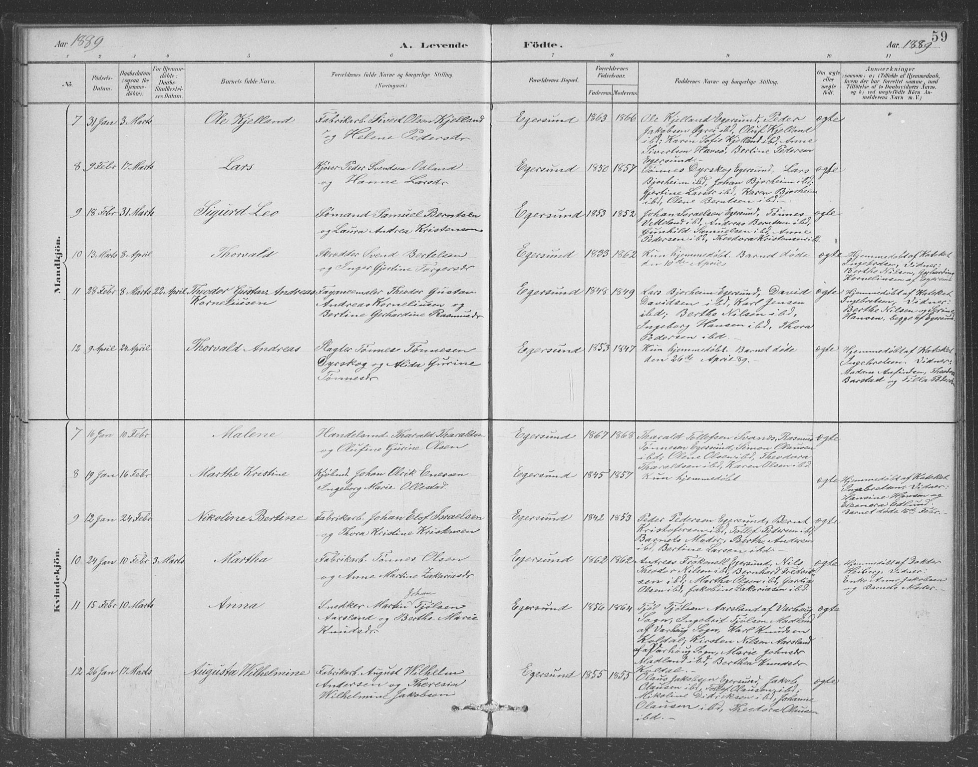 Eigersund sokneprestkontor, AV/SAST-A-101807/S09/L0008: Parish register (copy) no. B 8, 1882-1892, p. 59