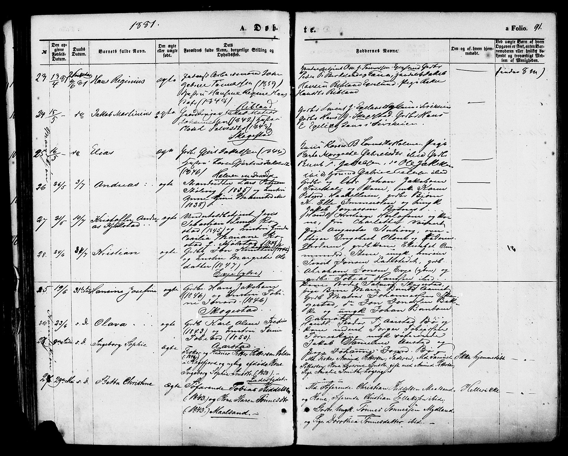 Sokndal sokneprestkontor, AV/SAST-A-101808: Parish register (official) no. A 10, 1874-1886, p. 91