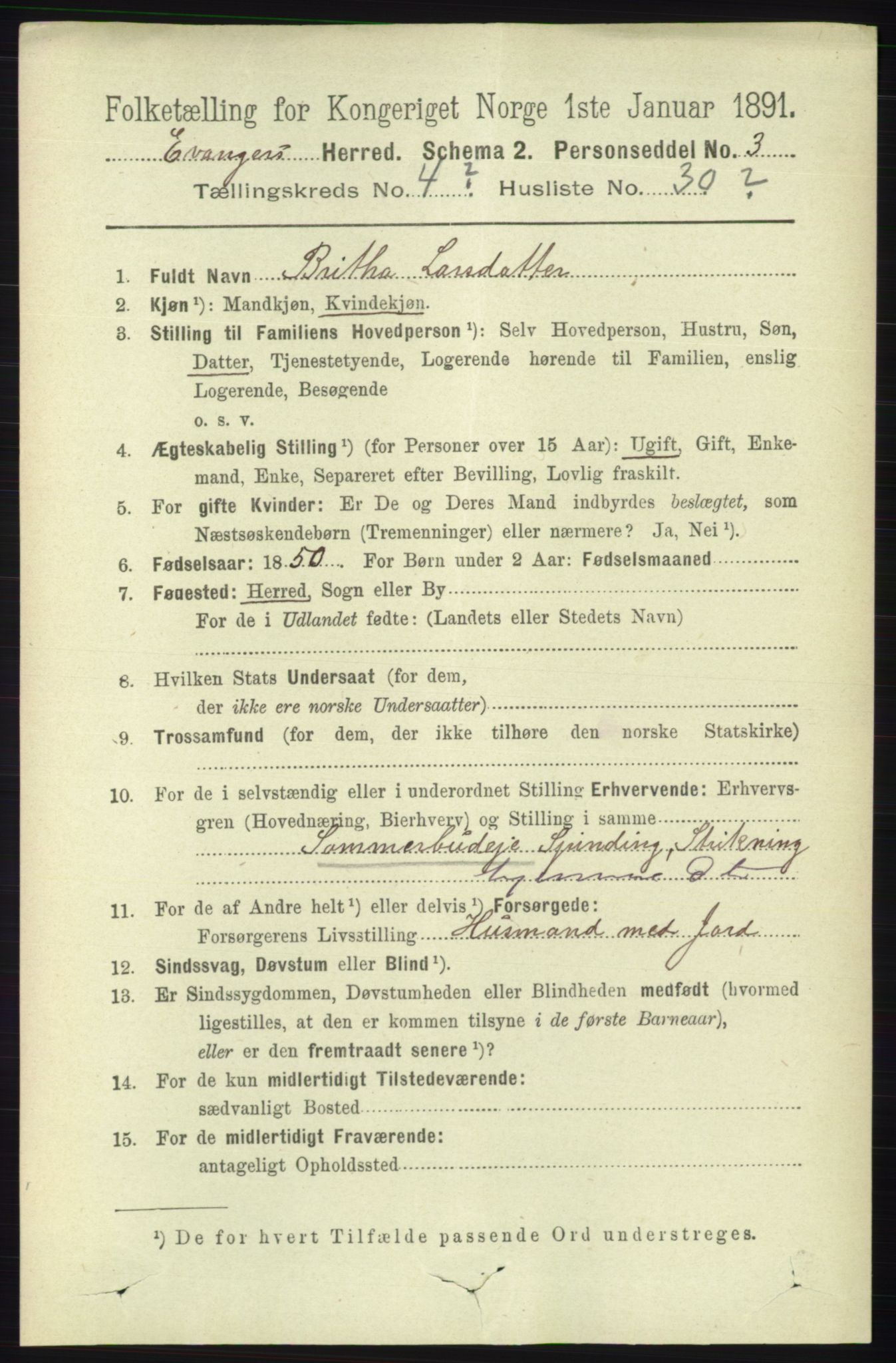 RA, 1891 census for 1237 Evanger, 1891, p. 1356