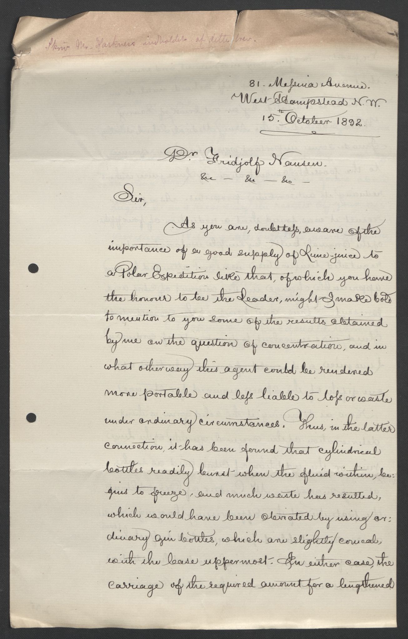 Arbeidskomitéen for Fridtjof Nansens polarekspedisjon, RA/PA-0061/D/L0004: Innk. brev og telegrammer vedr. proviant og utrustning, 1892-1893, p. 359