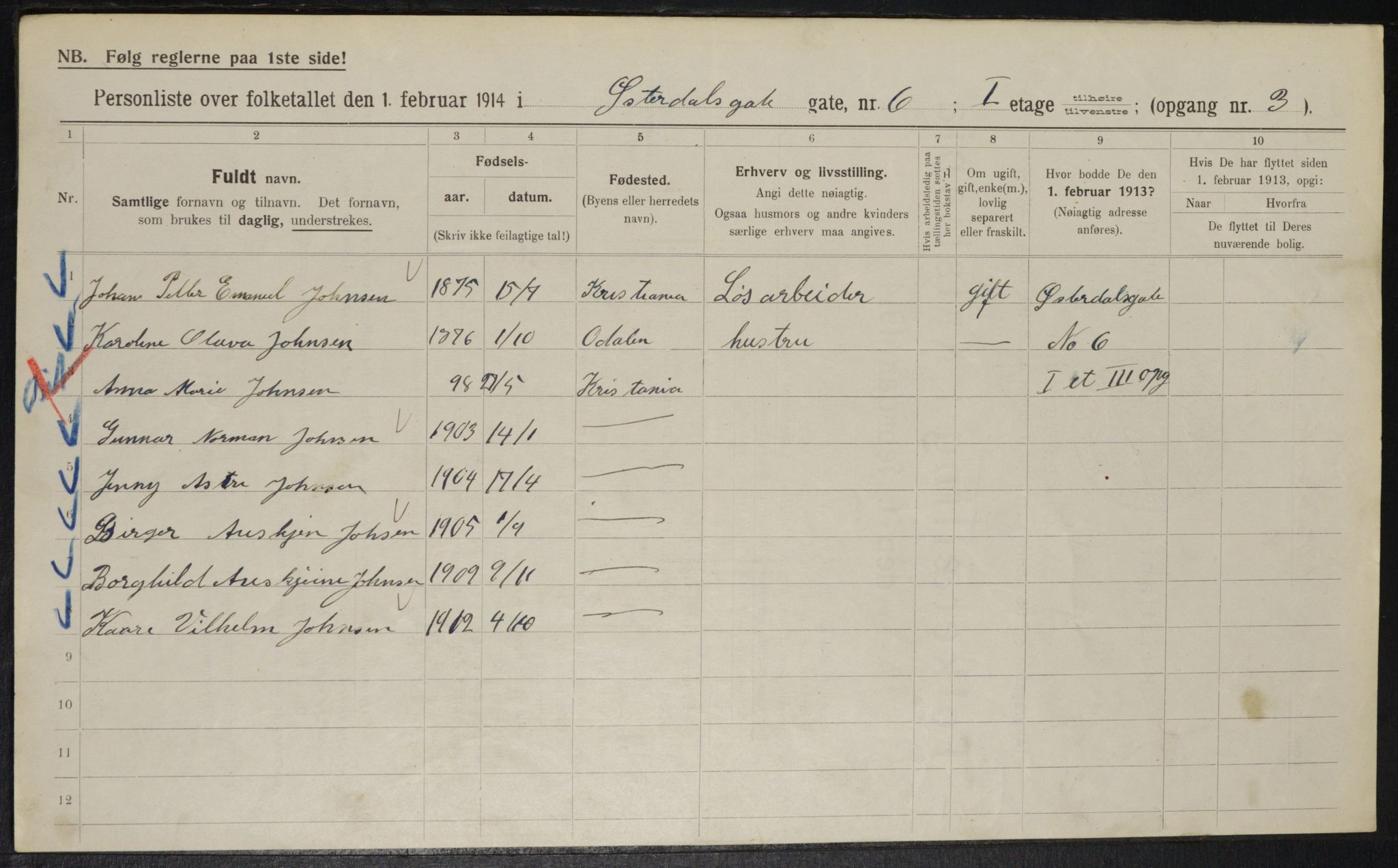 OBA, Municipal Census 1914 for Kristiania, 1914, p. 130084