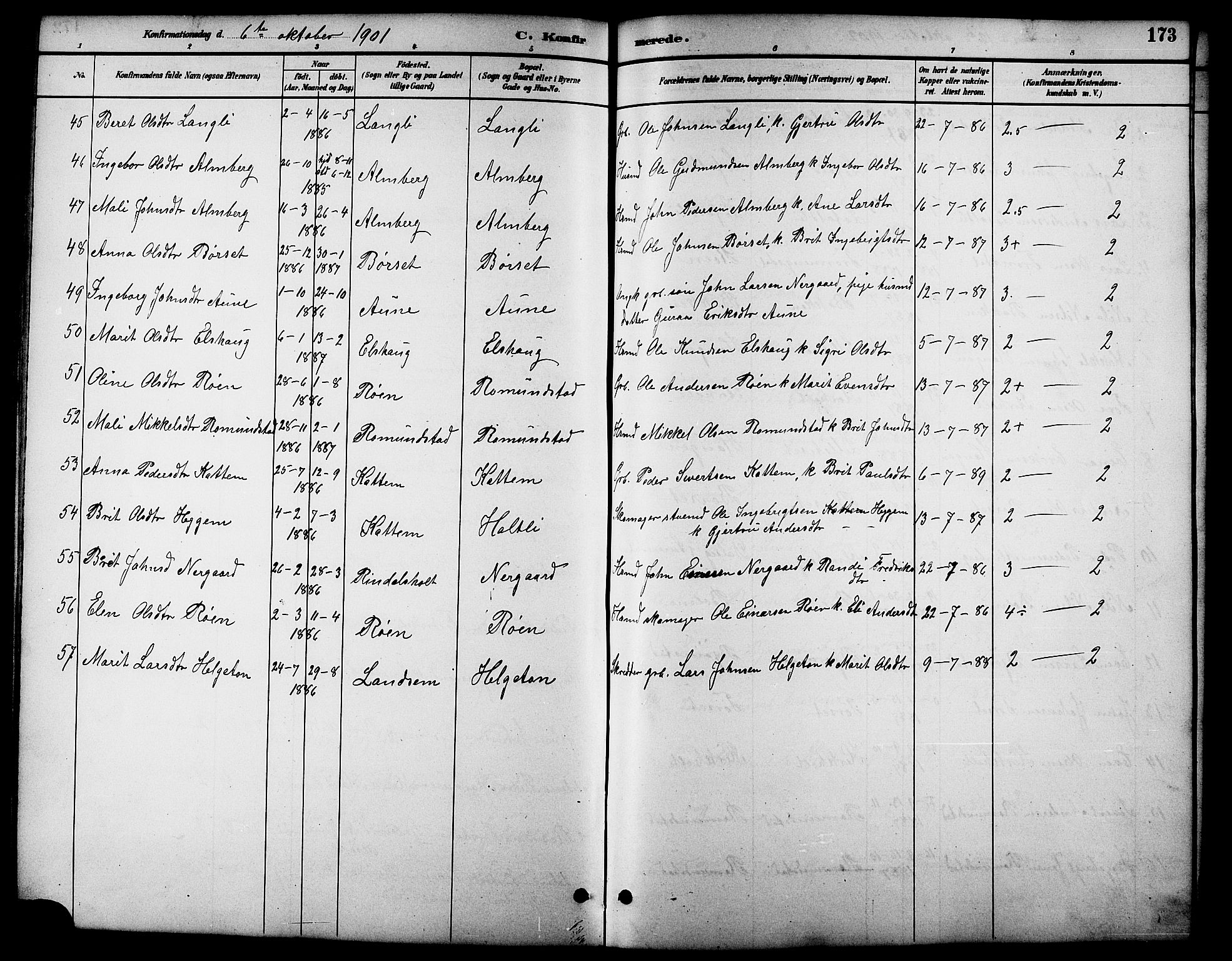 Ministerialprotokoller, klokkerbøker og fødselsregistre - Møre og Romsdal, AV/SAT-A-1454/598/L1078: Parish register (copy) no. 598C03, 1892-1909, p. 173