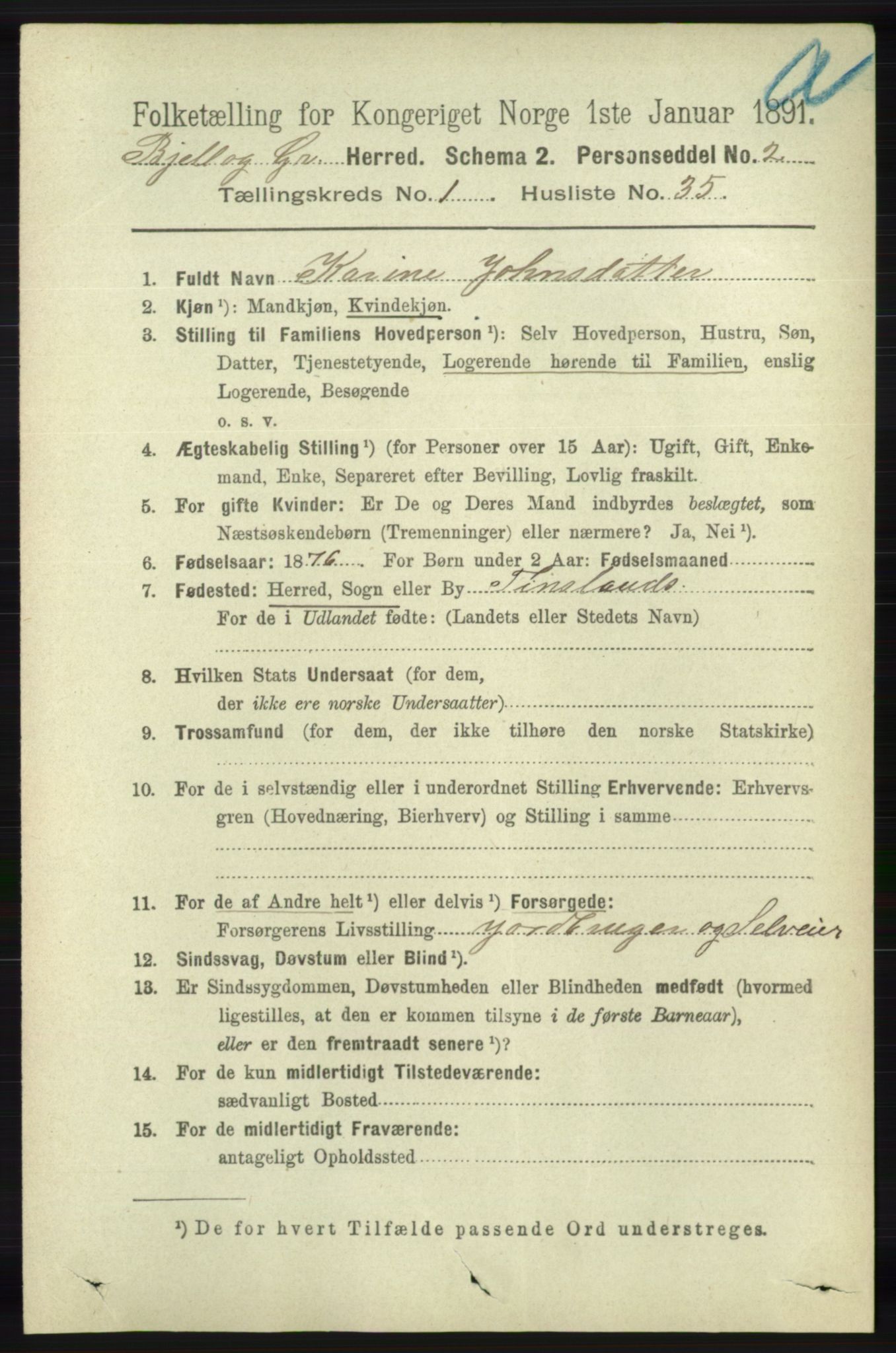 RA, 1891 census for 1024 Bjelland og Grindheim, 1891, p. 240