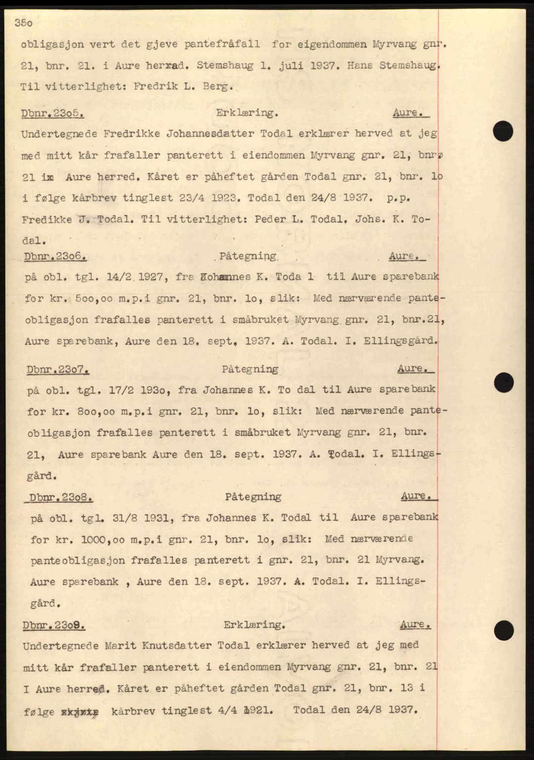 Nordmøre sorenskriveri, AV/SAT-A-4132/1/2/2Ca: Mortgage book no. C80, 1936-1939, Diary no: : 2305/1937