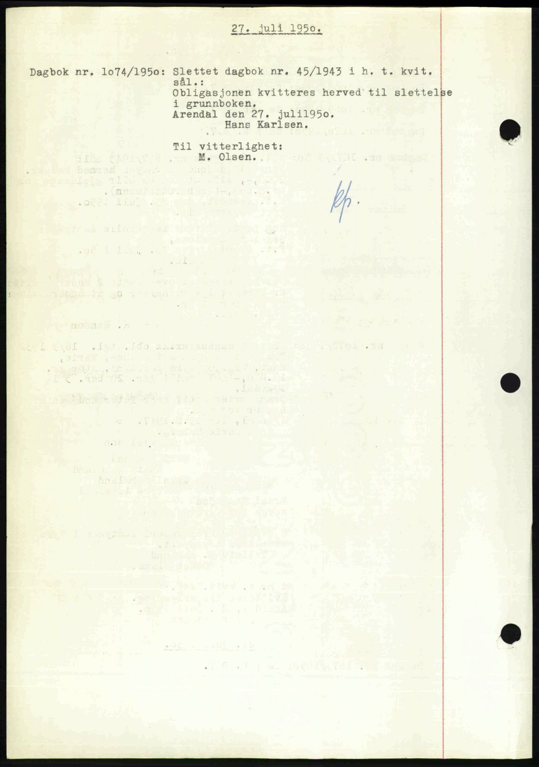 Nedenes sorenskriveri, SAK/1221-0006/G/Gb/Gba/L0063: Mortgage book no. A15, 1950-1950, Diary no: : 1074/1950