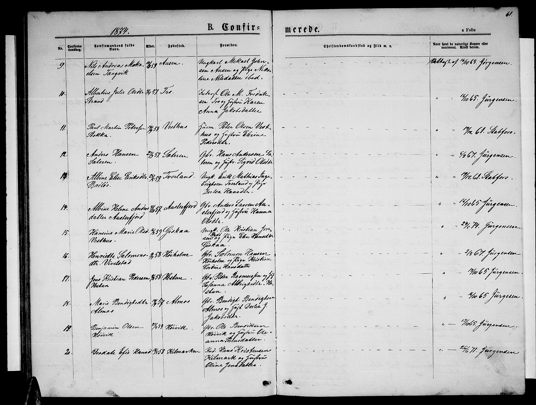 Ministerialprotokoller, klokkerbøker og fødselsregistre - Nordland, SAT/A-1459/819/L0276: Parish register (copy) no. 819C02, 1869-1887, p. 61