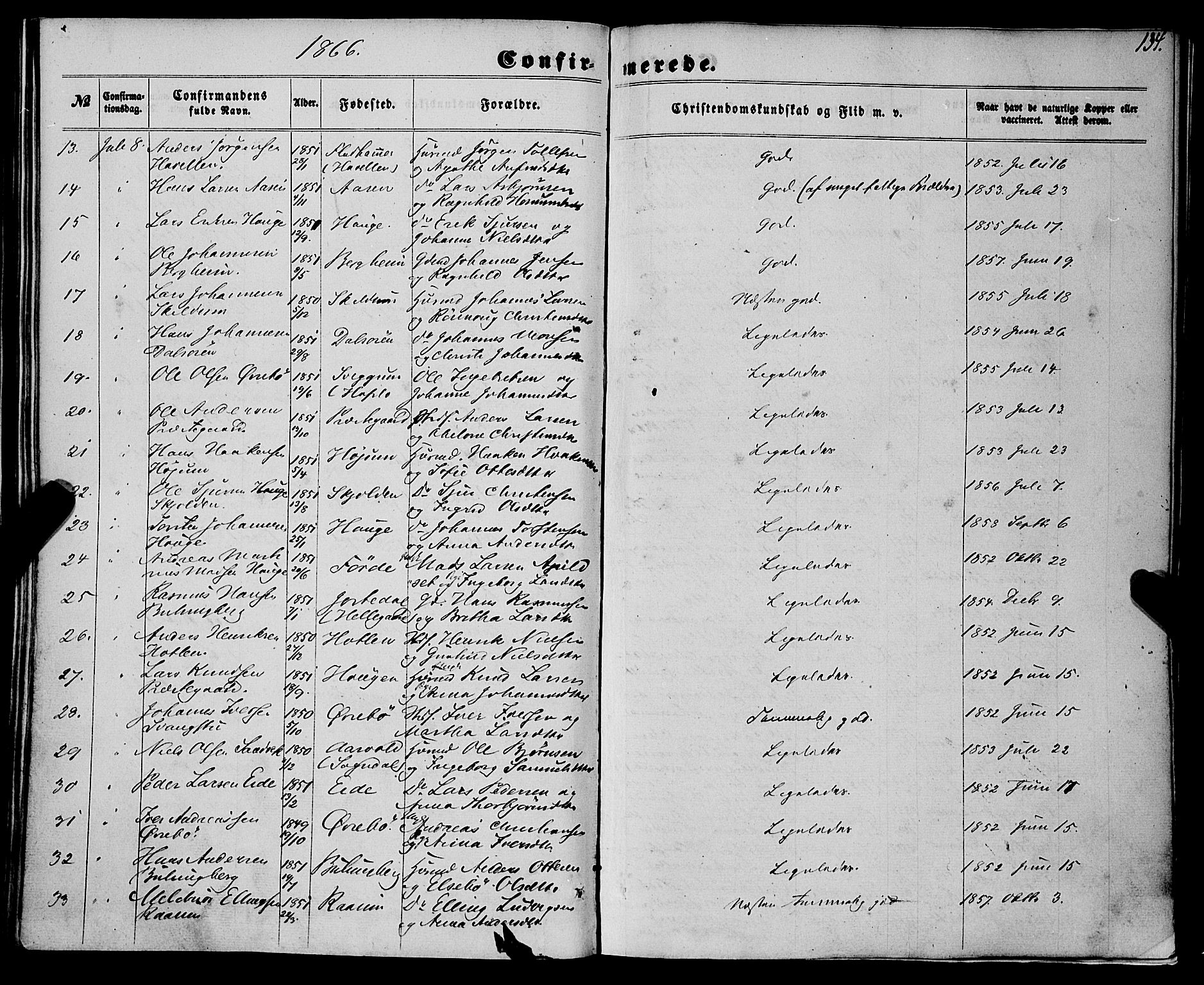 Luster sokneprestembete, AV/SAB-A-81101/H/Haa/Haaa/L0008: Parish register (official) no. A 8, 1860-1870, p. 134