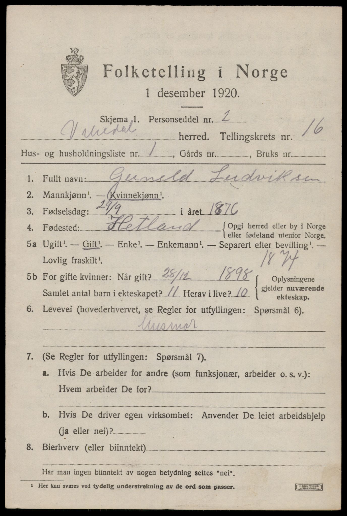 SAST, 1920 census for Vikedal, 1920, p. 4785